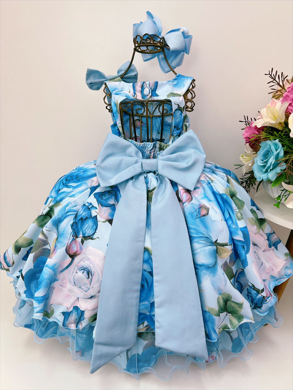 Vestido Infantil Azul Florido Pérolas e Strass Luxo