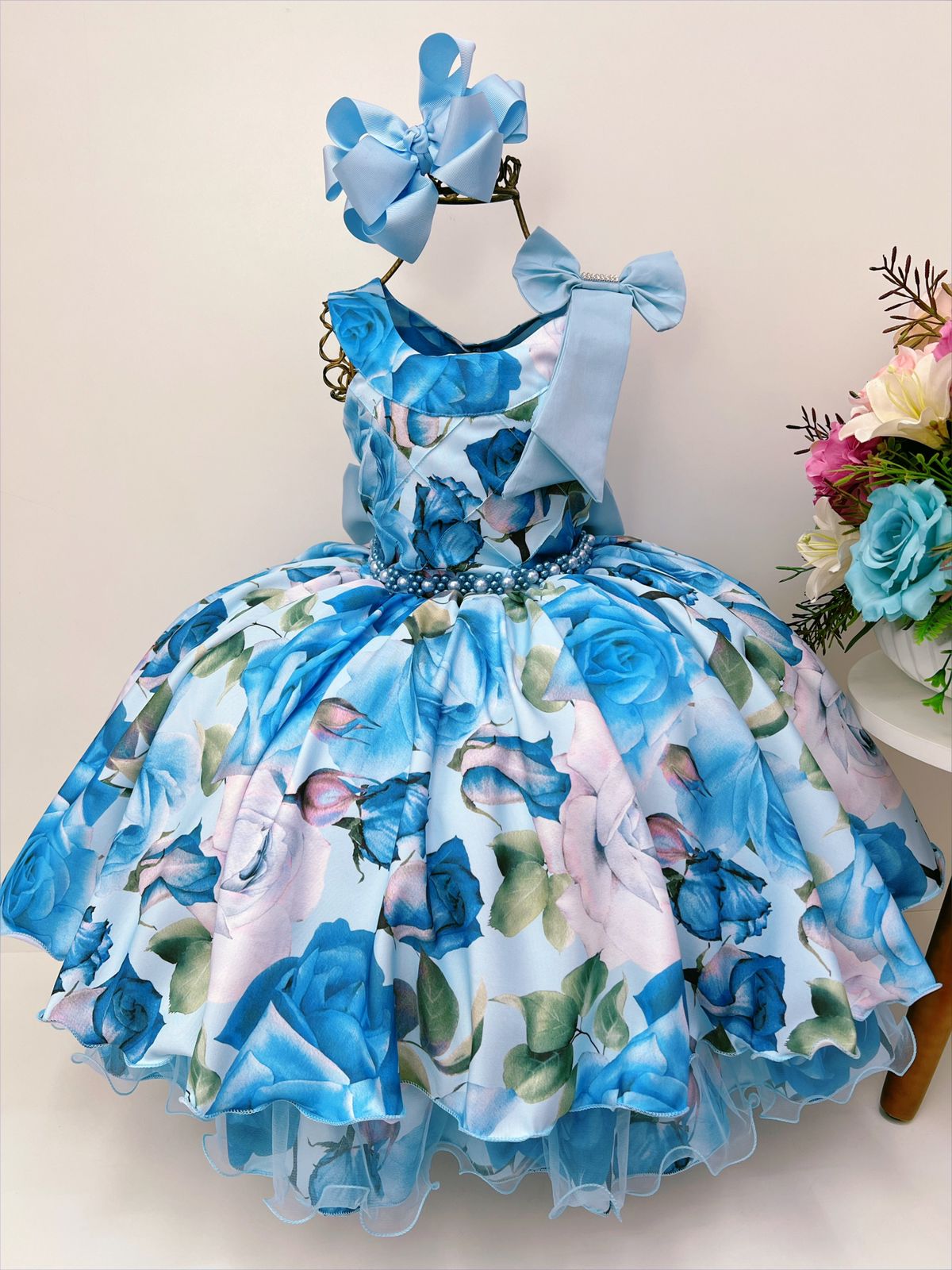 Vestido Infantil Azul Florido Pérolas e Strass Luxo