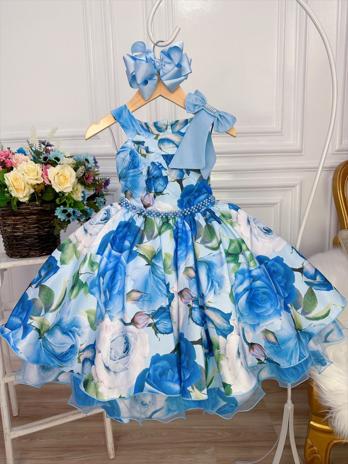 Vestido Infantil Azul Florido Pérolas e Strass Luxo