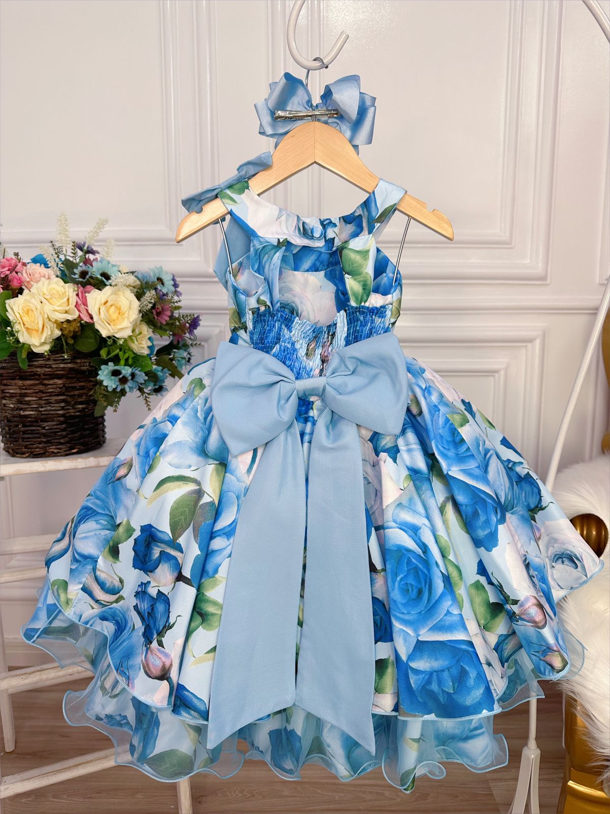 Vestido Infantil Azul Florido Pérolas e Strass Luxo