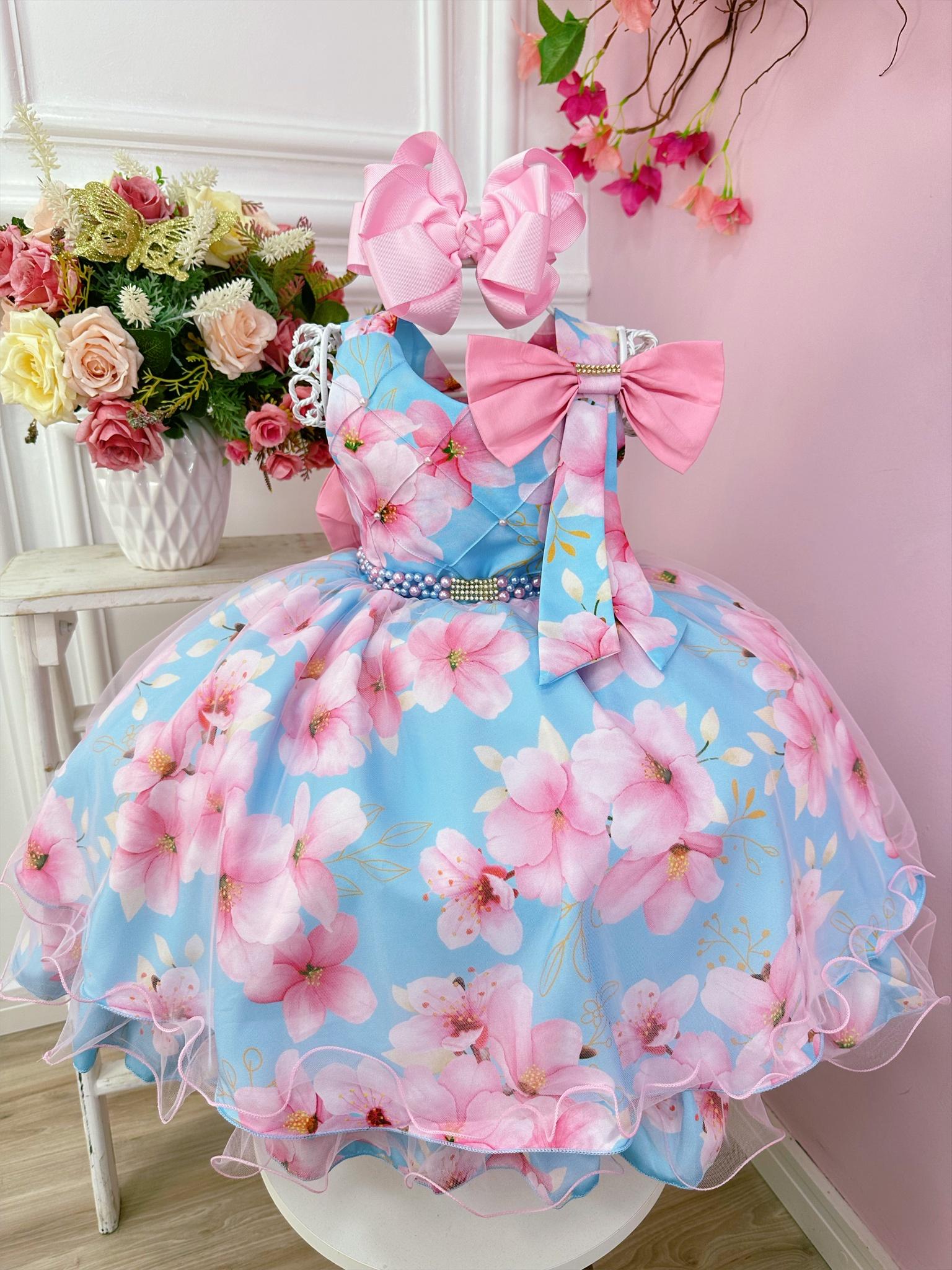 Vestido Infantil Azul Florido Rosa e Cinto de Pérolas Strass