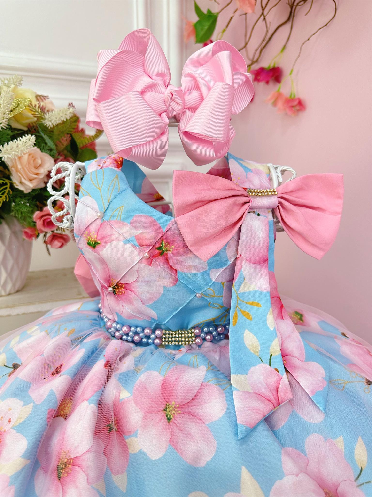 Vestido Infantil Azul Florido Rosa e Cinto de Pérolas Strass
