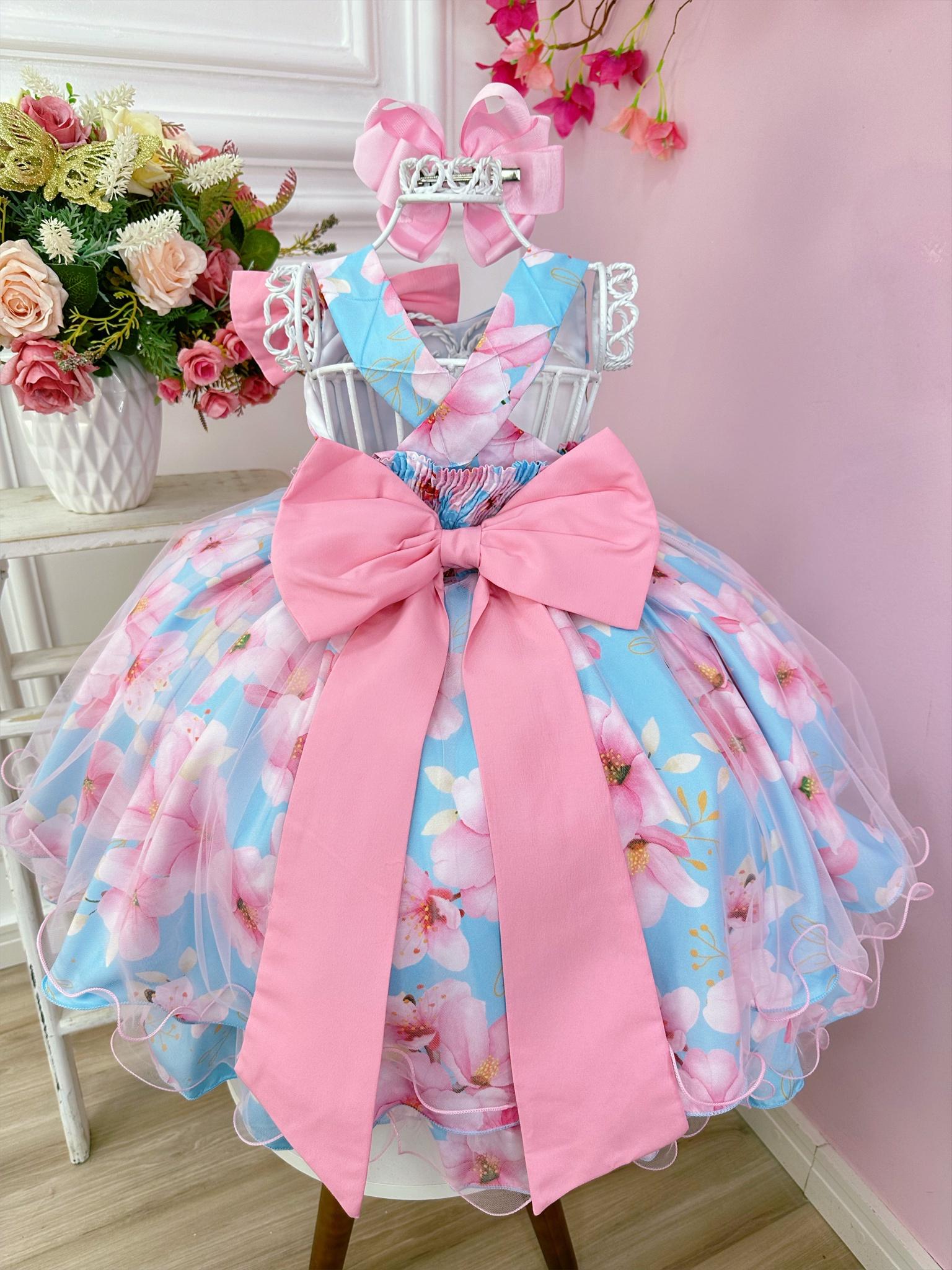Vestido Infantil Azul Florido Rosa e Cinto de Pérolas Strass