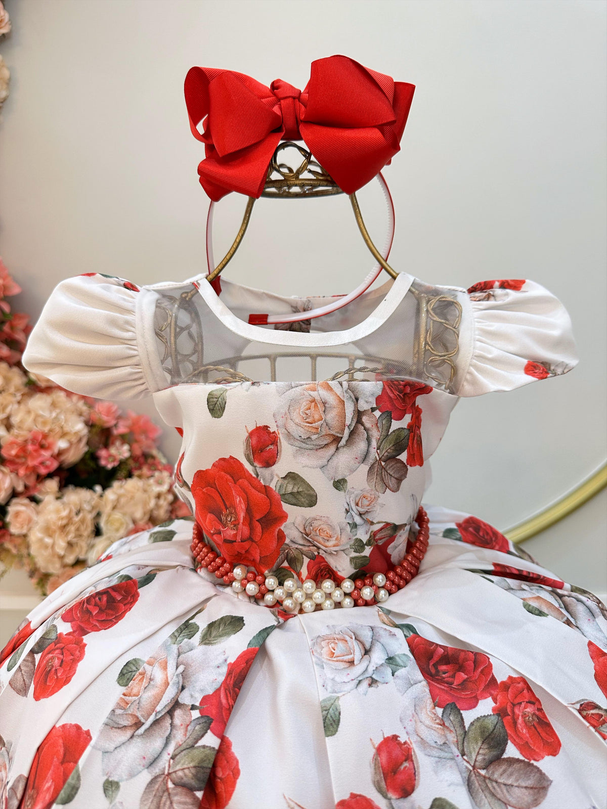 Vestido Infantil Off Floral Vermelho Cinto de Pérolas Luxo