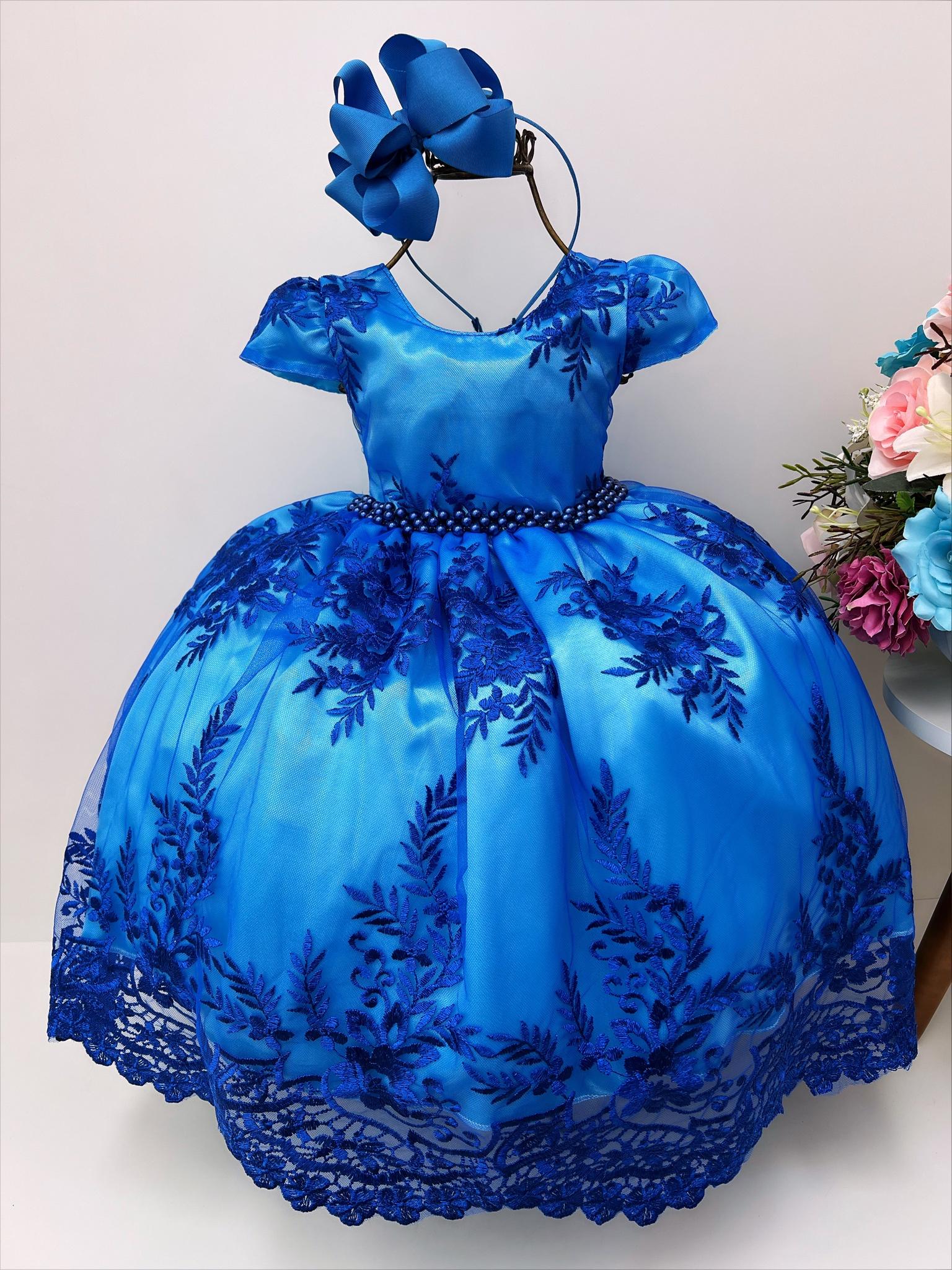 Vestido Infantil Azul Royal Renda Realeza Cinto Pérolas