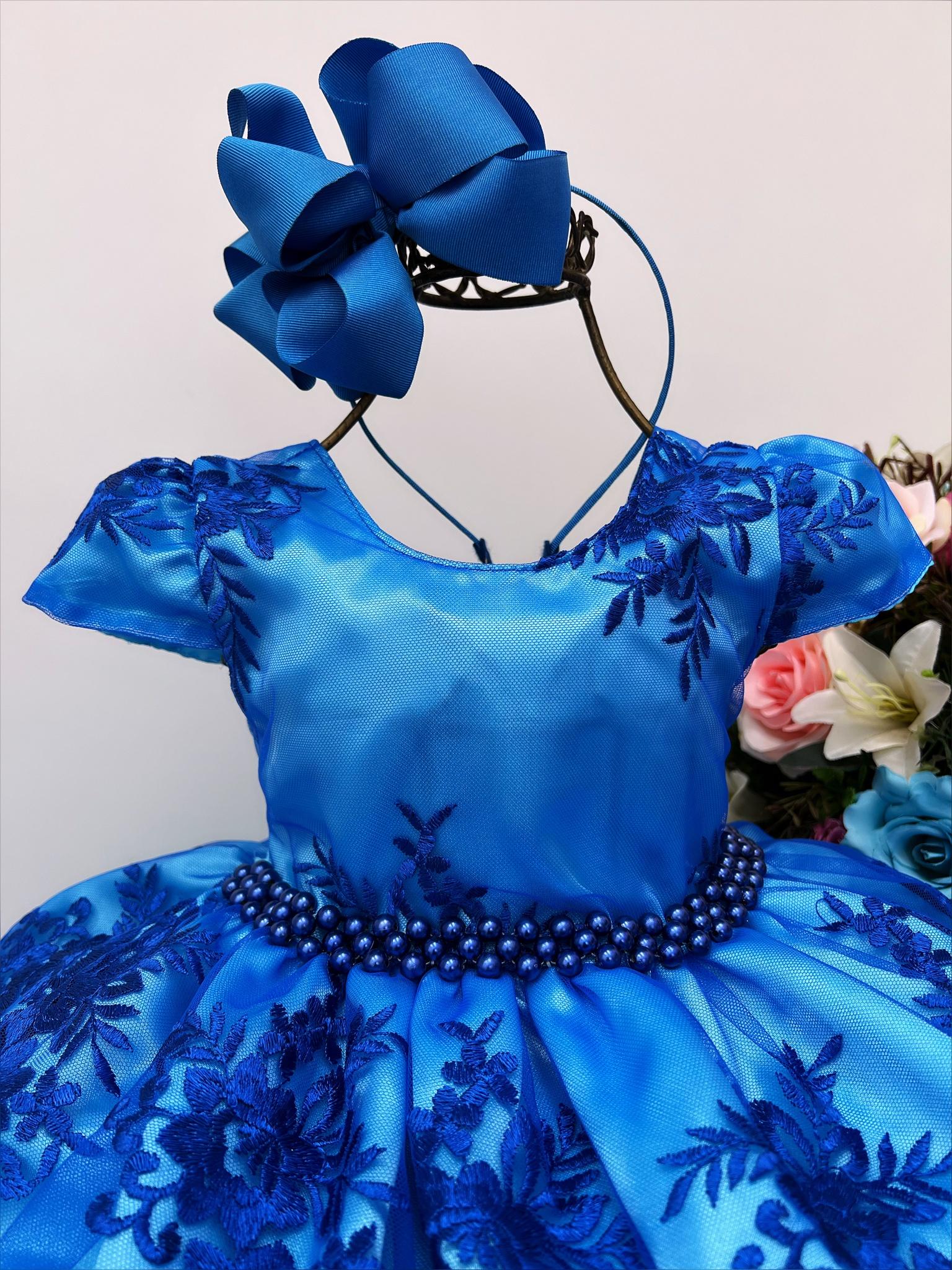 Vestido Infantil Azul Royal Renda Realeza Cinto Pérolas