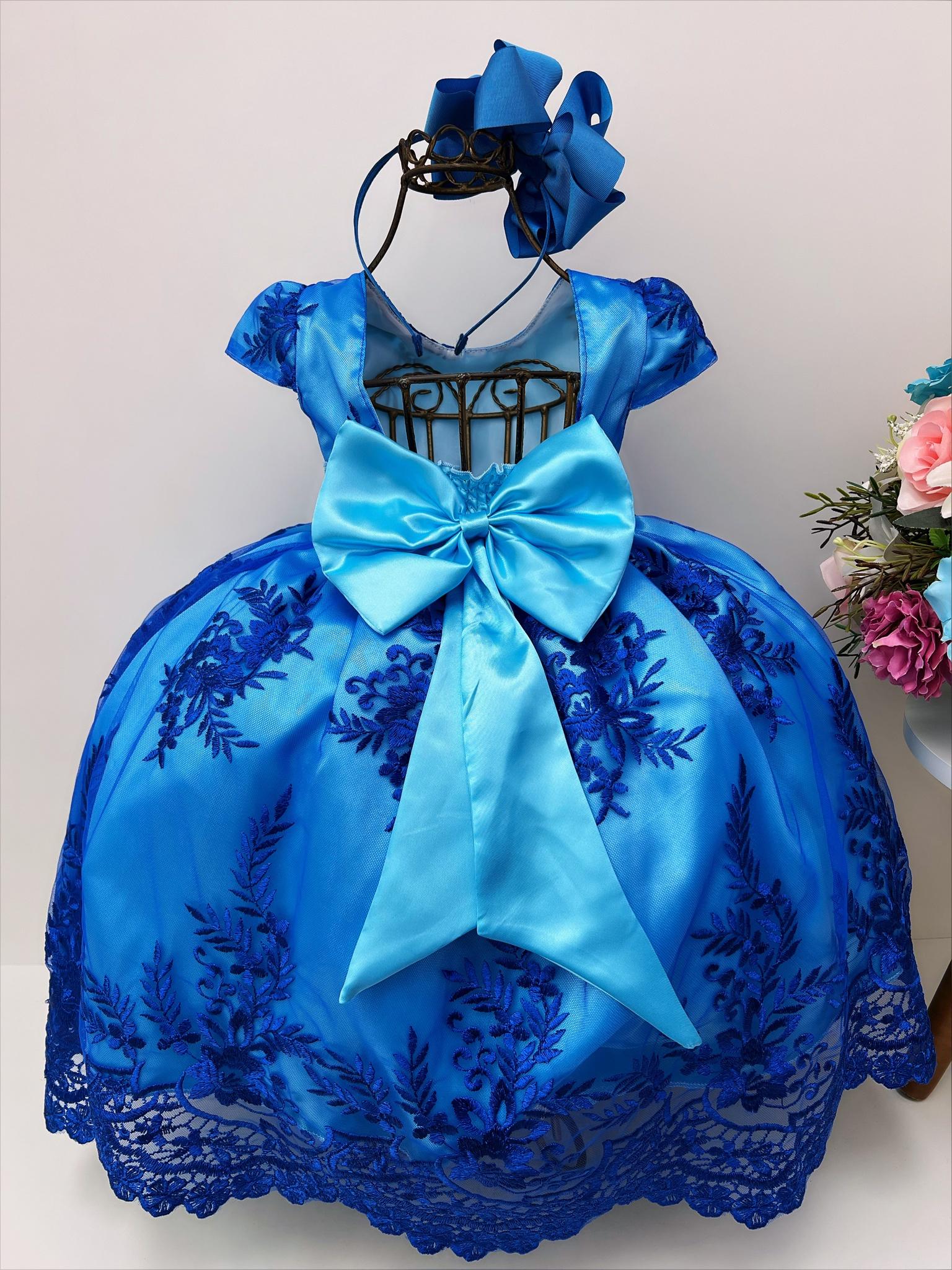 Vestido Infantil Azul Royal Renda Realeza Cinto Pérolas