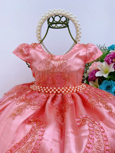 Vestido Infantil Coral Rendado Cinto Pérolas Luxo Damas