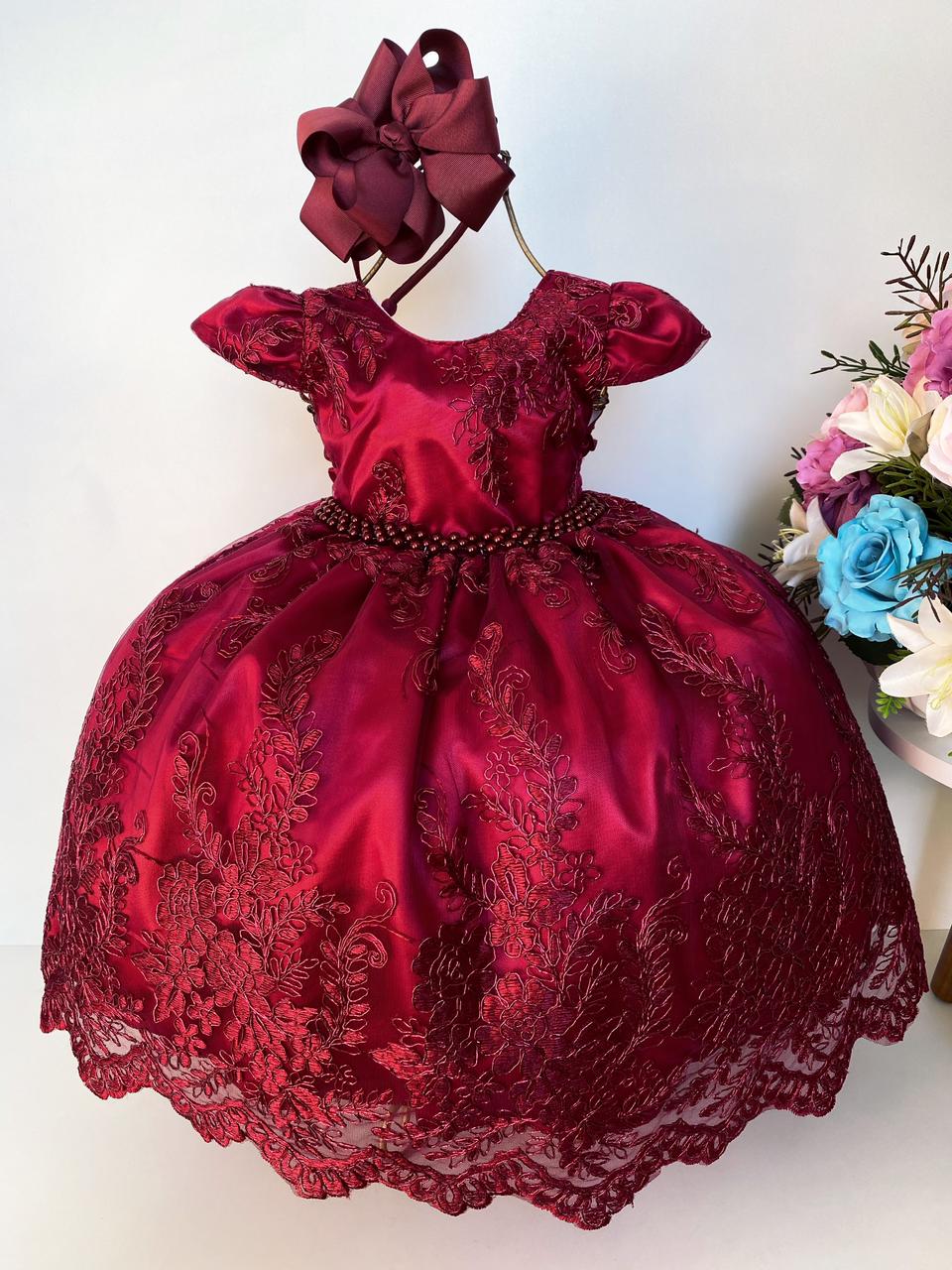 Vestido Infantil Marsala Renda Realeza Cinto Pérolas