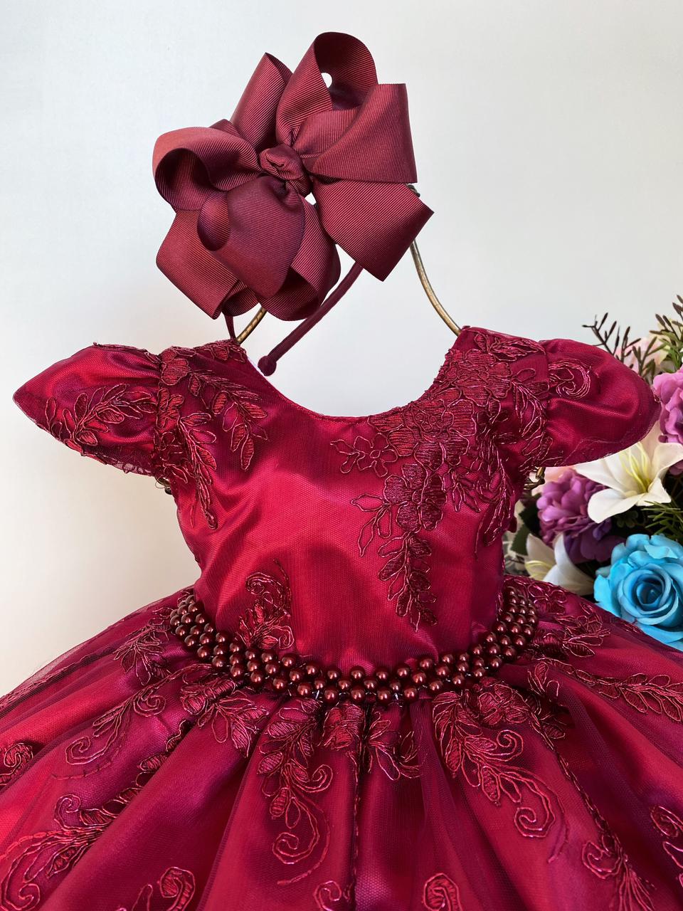 Vestido Infantil Marsala Renda Realeza Cinto Pérolas