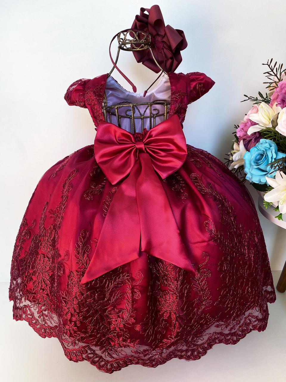 Vestido Infantil Marsala Renda Realeza Cinto Pérolas