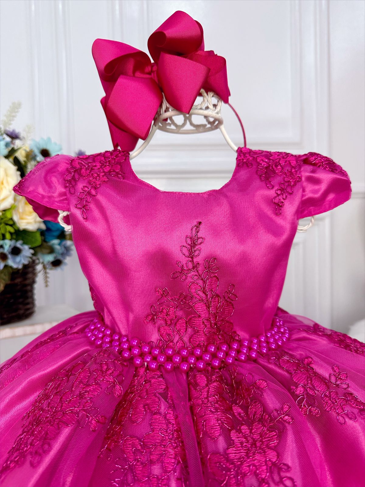 Vestido Infantil Pink C/ Renda Realeza e Cinto de Pérolas