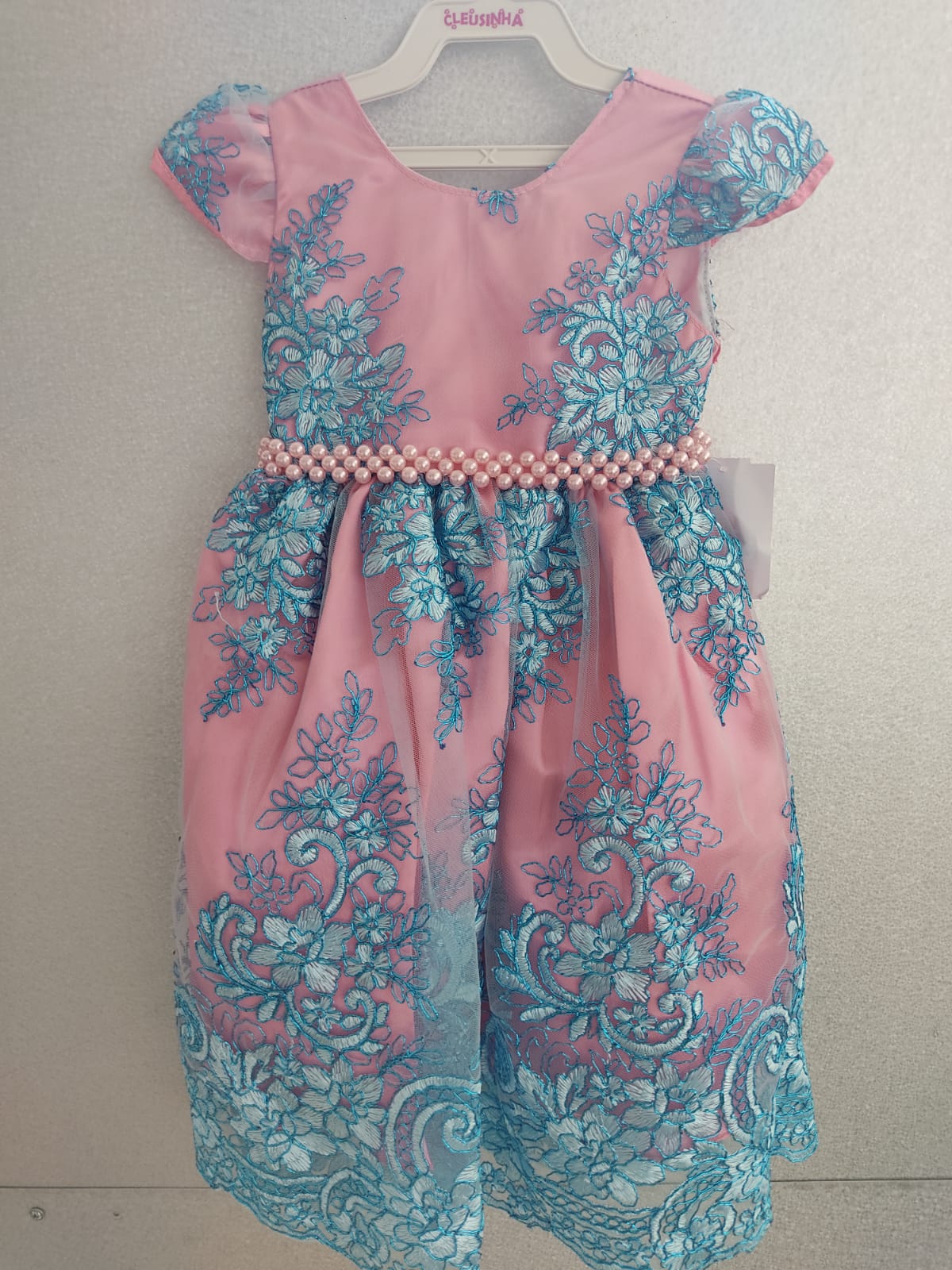 Vestido Infantil Rosa Chiclete Renda Azul Realeza Cinto