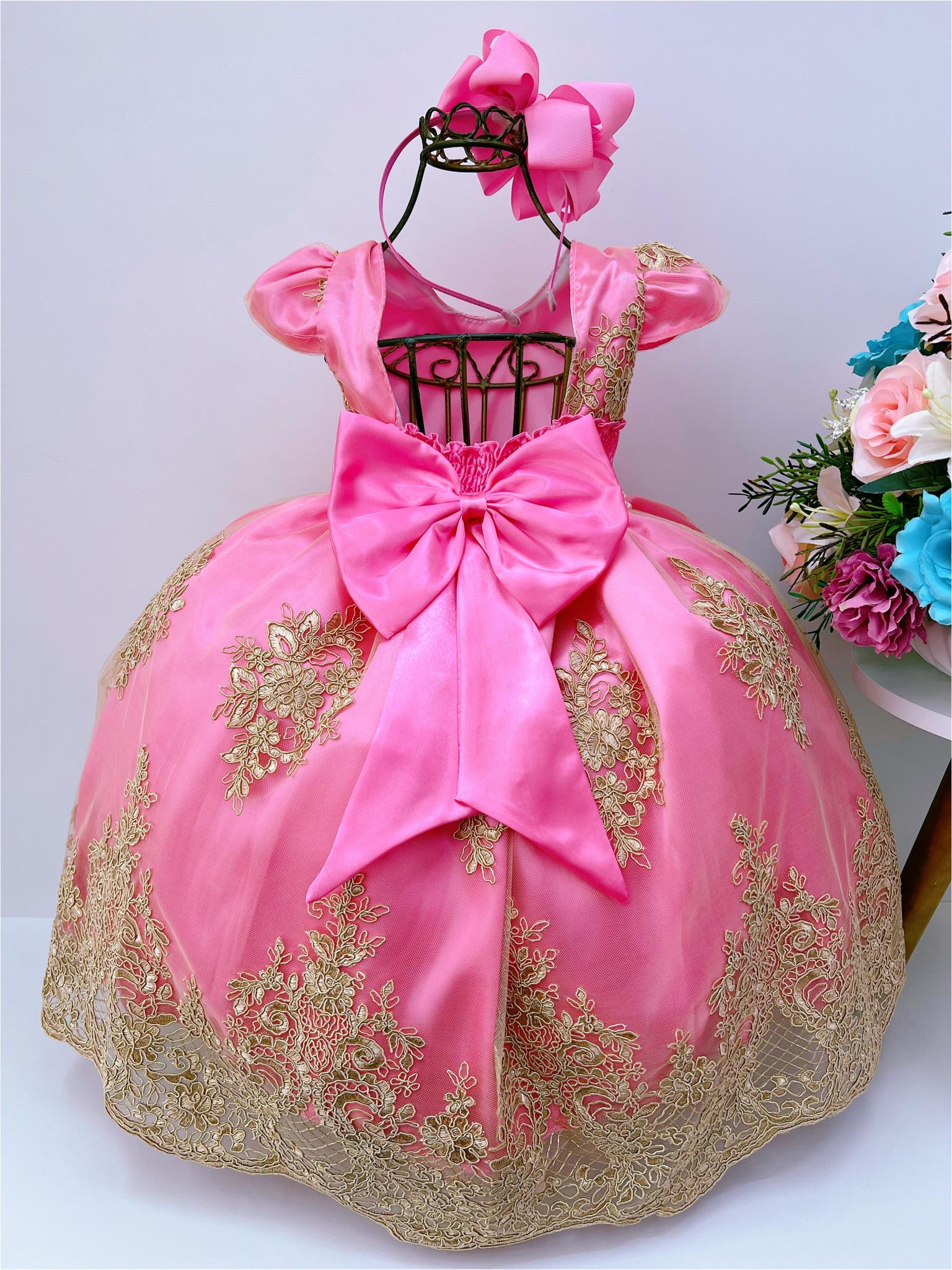 Vestido Infantil Rosa Chiclete Renda Realeza Dourada Pérolas