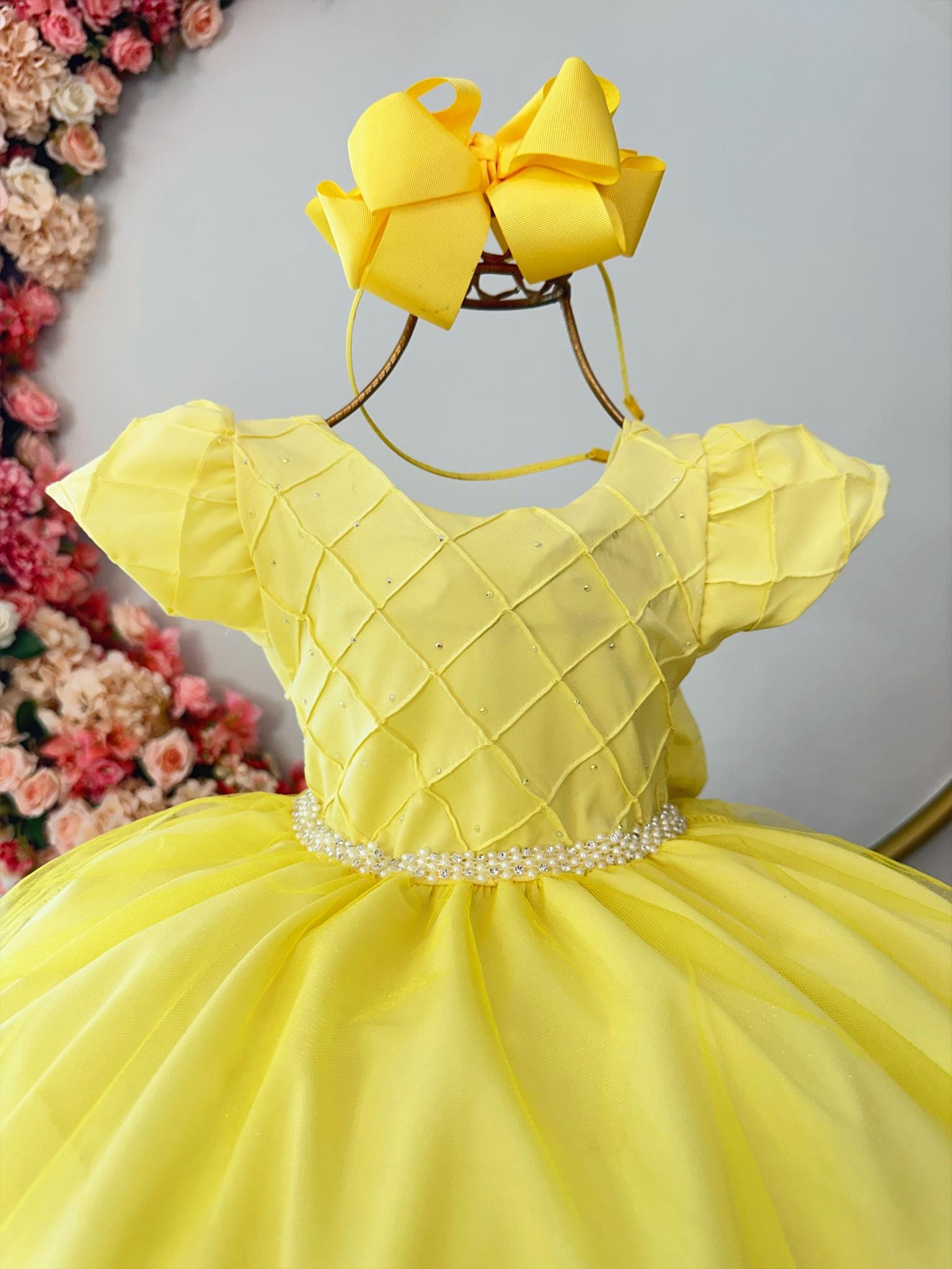 Vestido Infantil Amarelo Saia Organza e Busto Nervura Strass