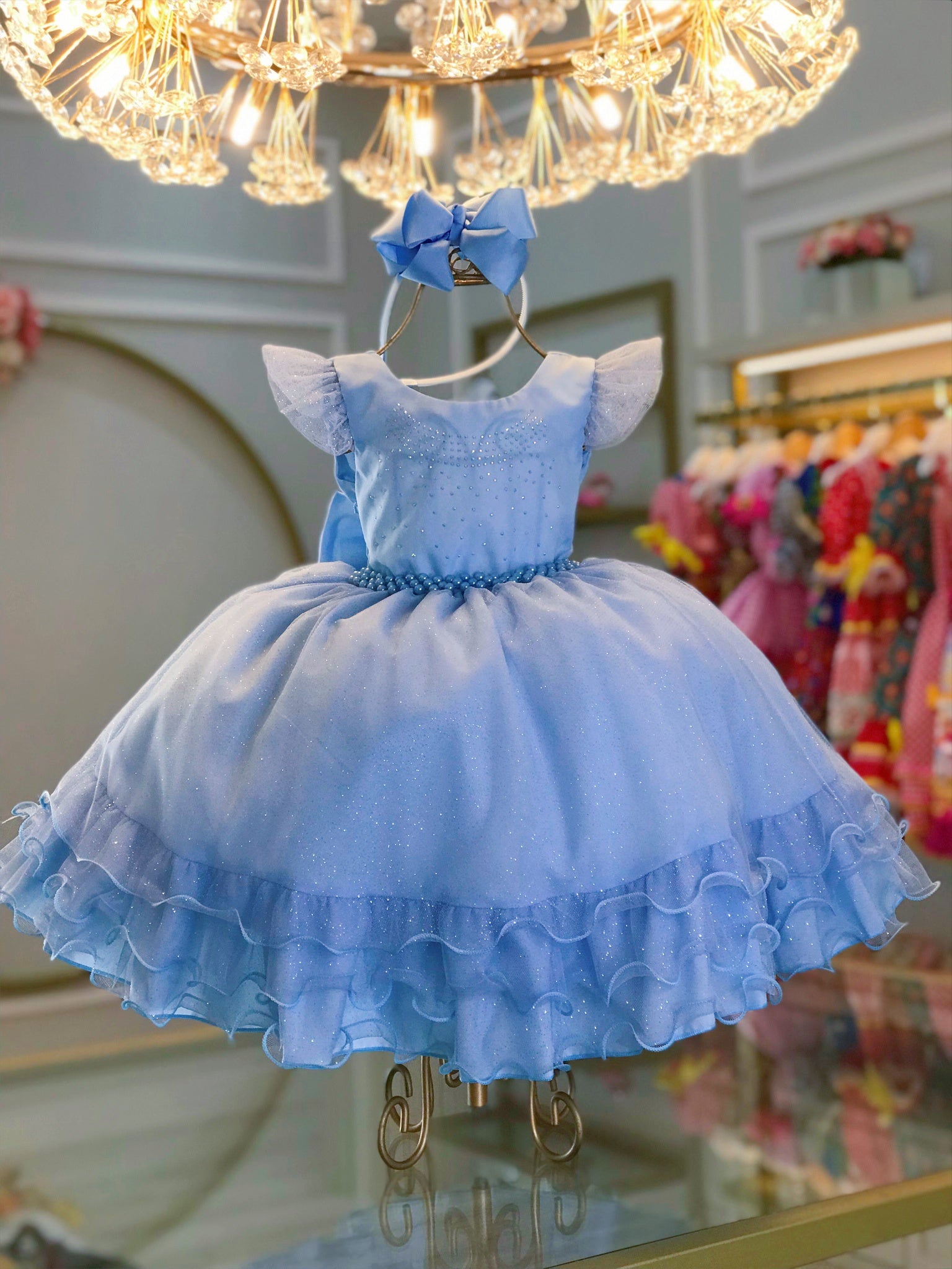 Vestido Infantil Azul C/ Busto Strass Saia Babados Glitter