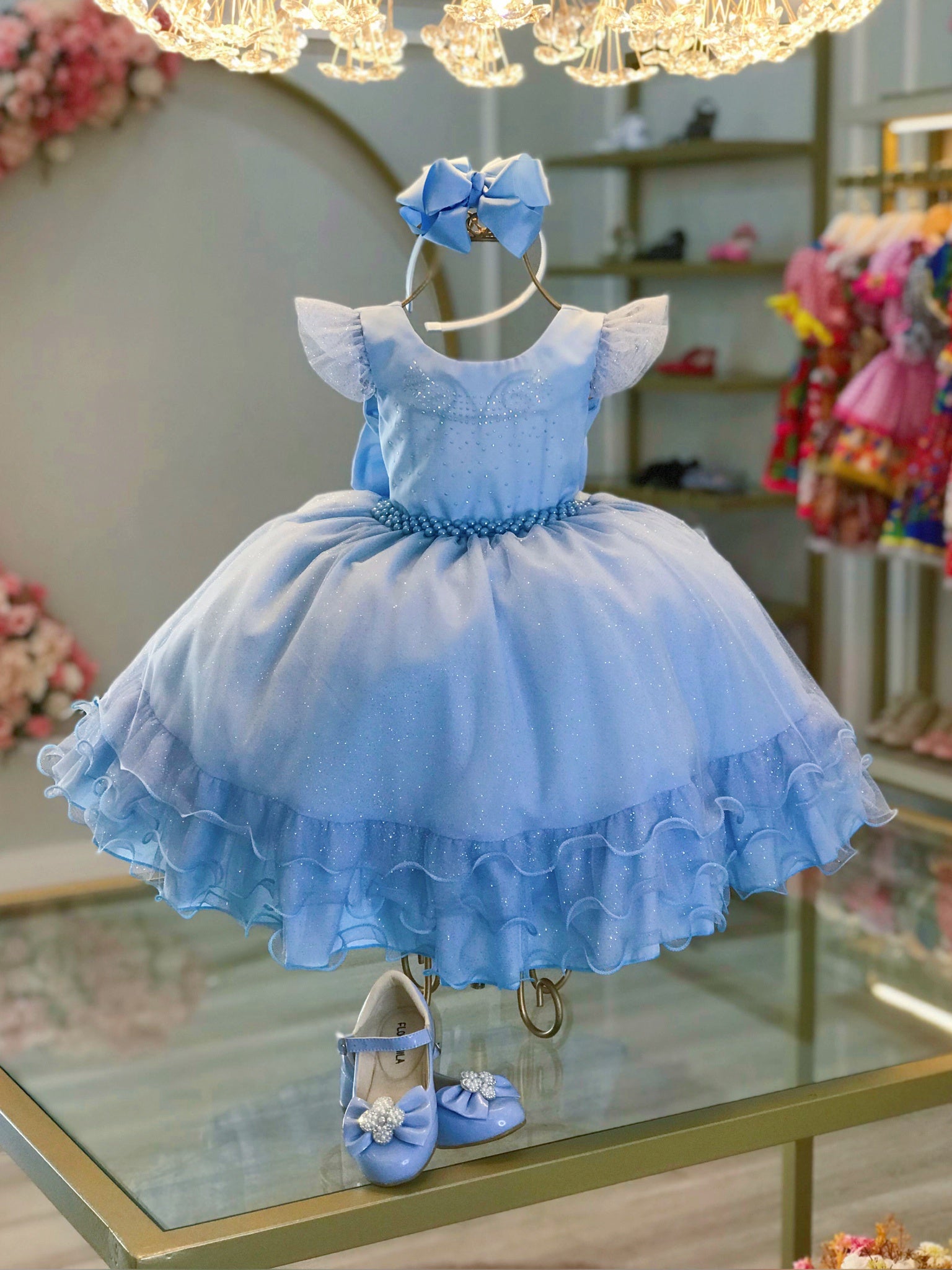 Vestido Infantil Azul C/ Busto Strass Saia Babados Glitter