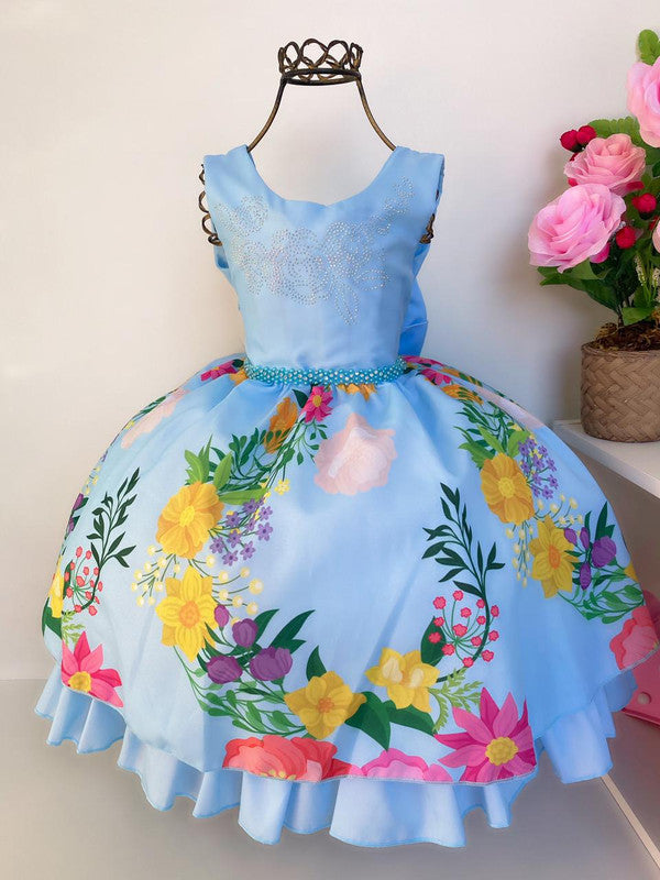 Vestido Infantil Azul Floral Jardim das Flores Cinto Pérolas