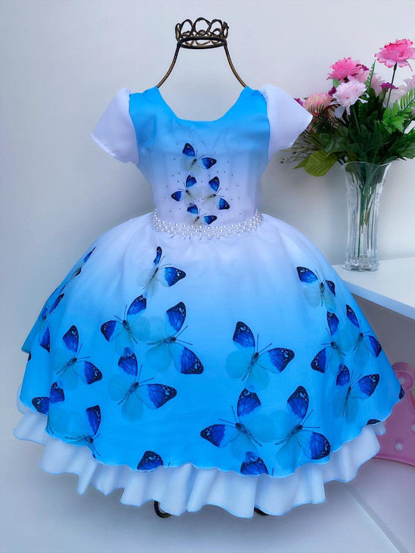 Vestido Infantil Azul Jardim das Borboletas Cinto Pérolas