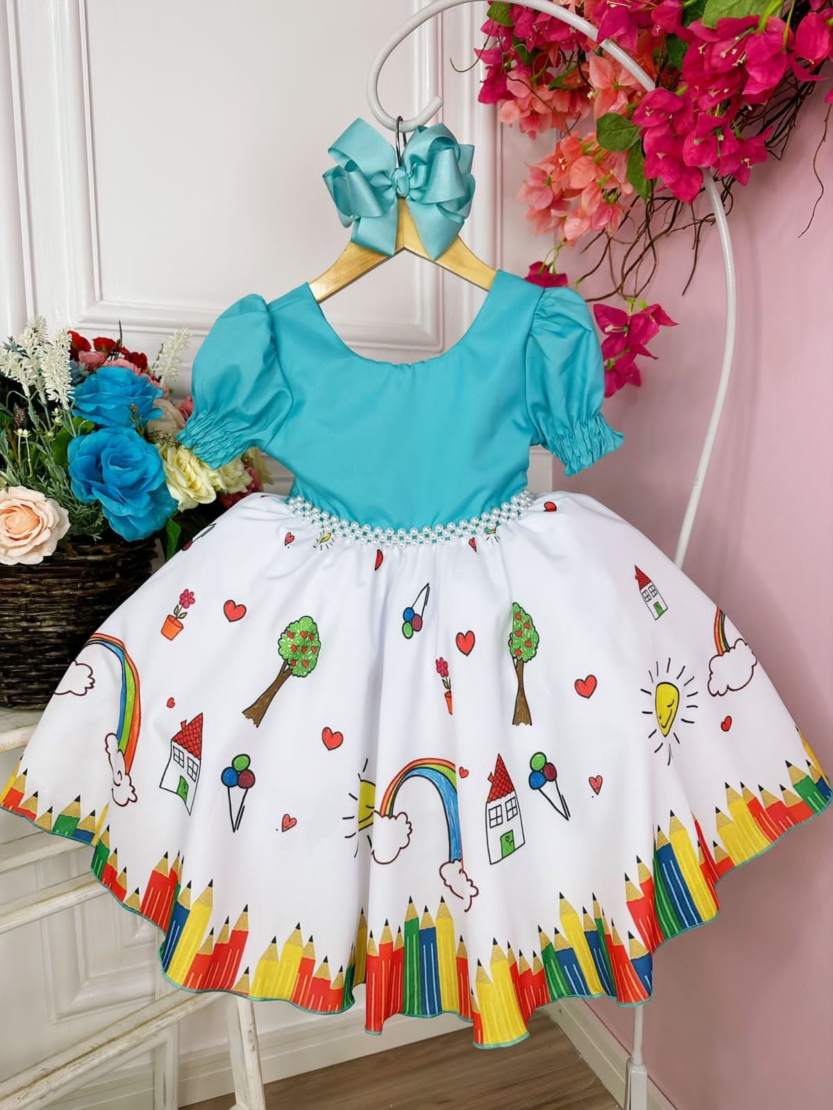 Vestido Infantil Azul Tiffany Branco Aquarela C/ Pérolas