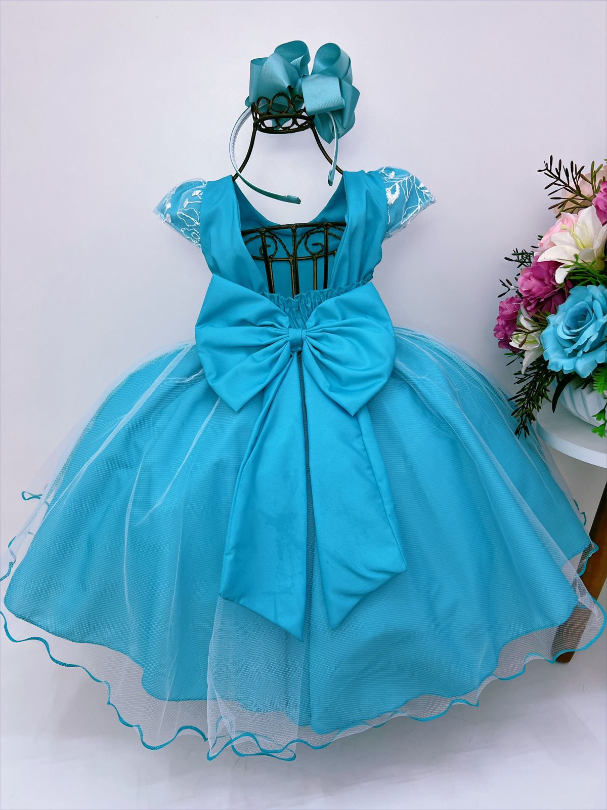 Vestido Infantil Azul Tiffany C/ Renda Cinto de Pérolas Luxo