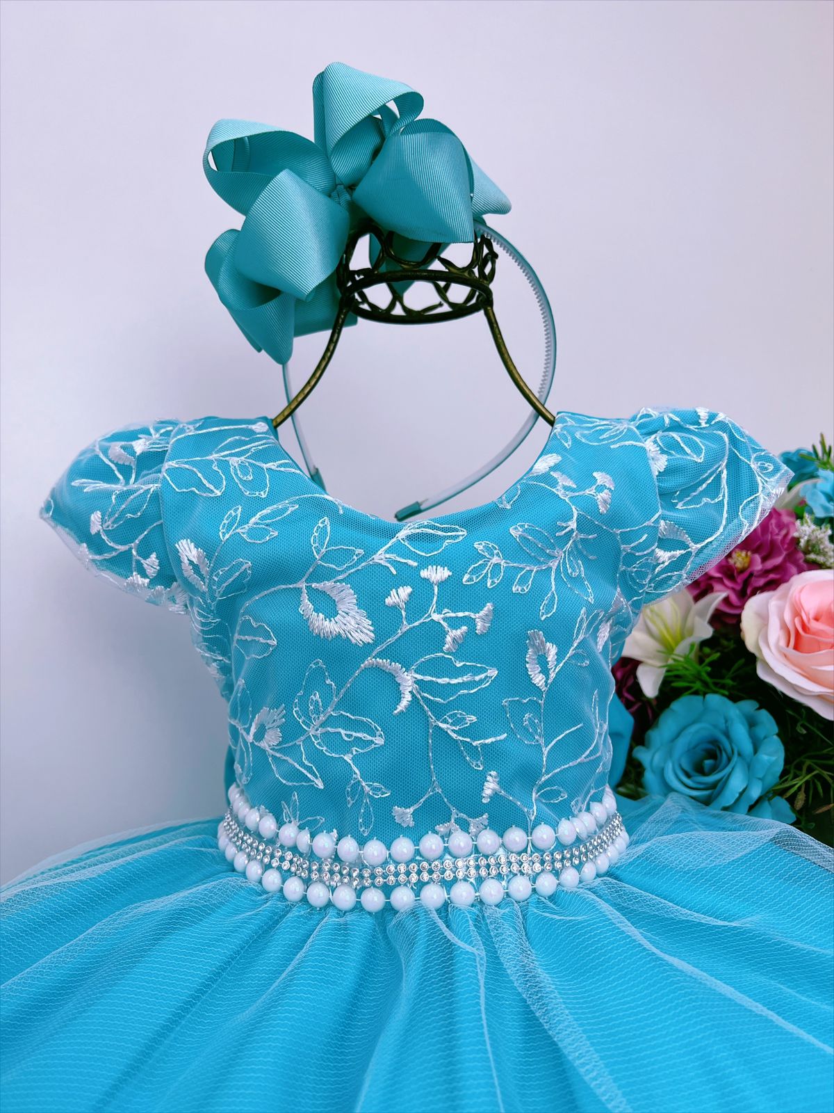 Vestido Infantil Azul Tiffany C/ Renda Cinto de Pérolas Luxo