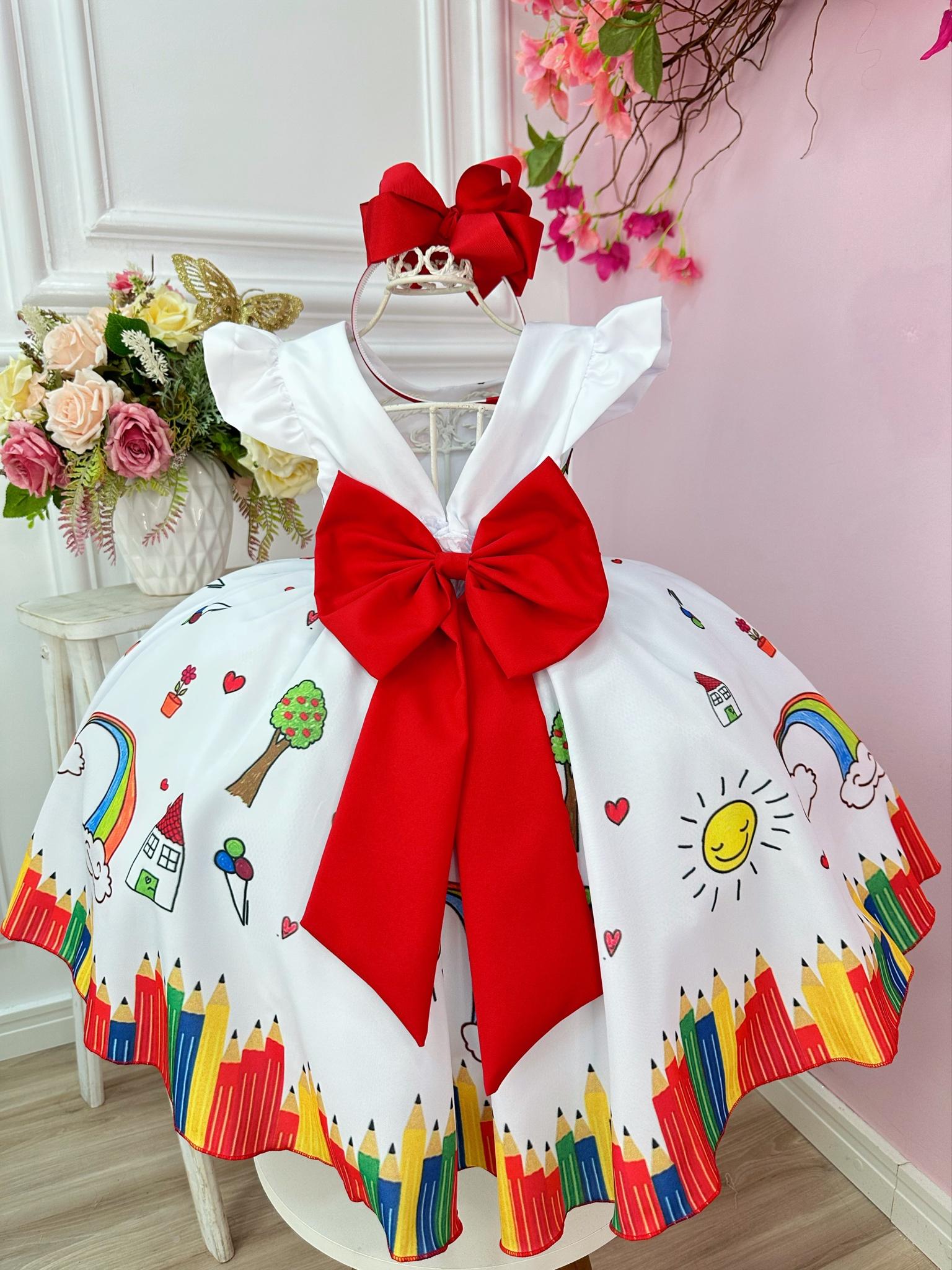 Vestido Infantil Branco Aquarela Com Cinto de Pérolas Luxo