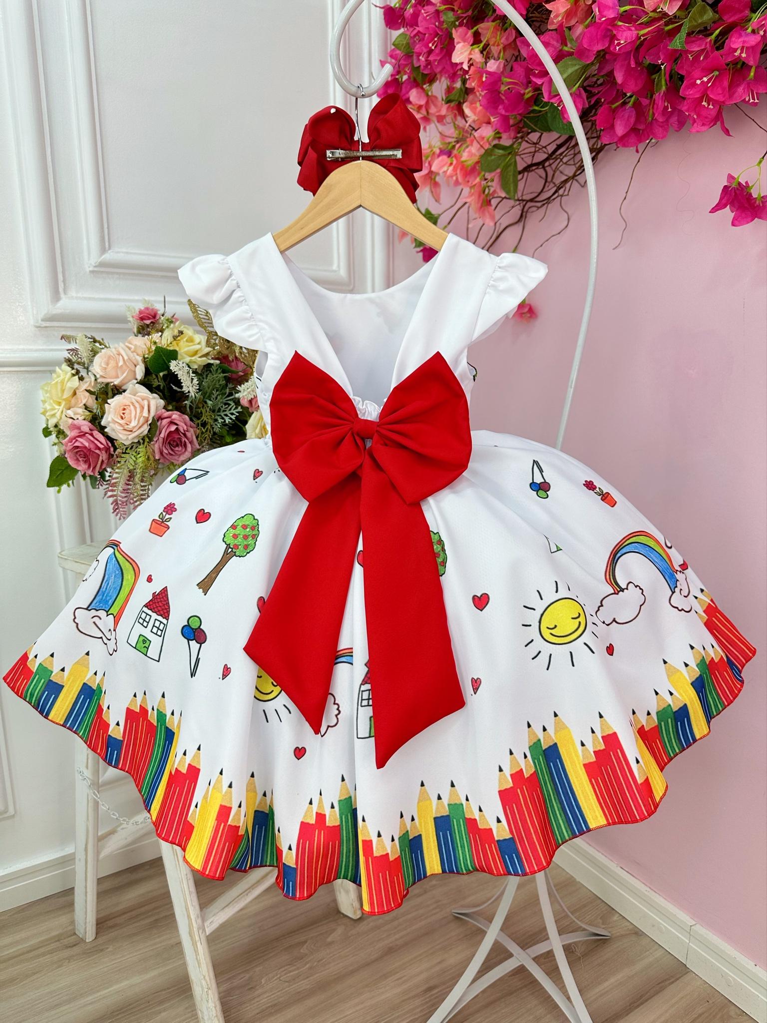 Vestido Infantil Branco Aquarela Com Cinto de Pérolas Luxo