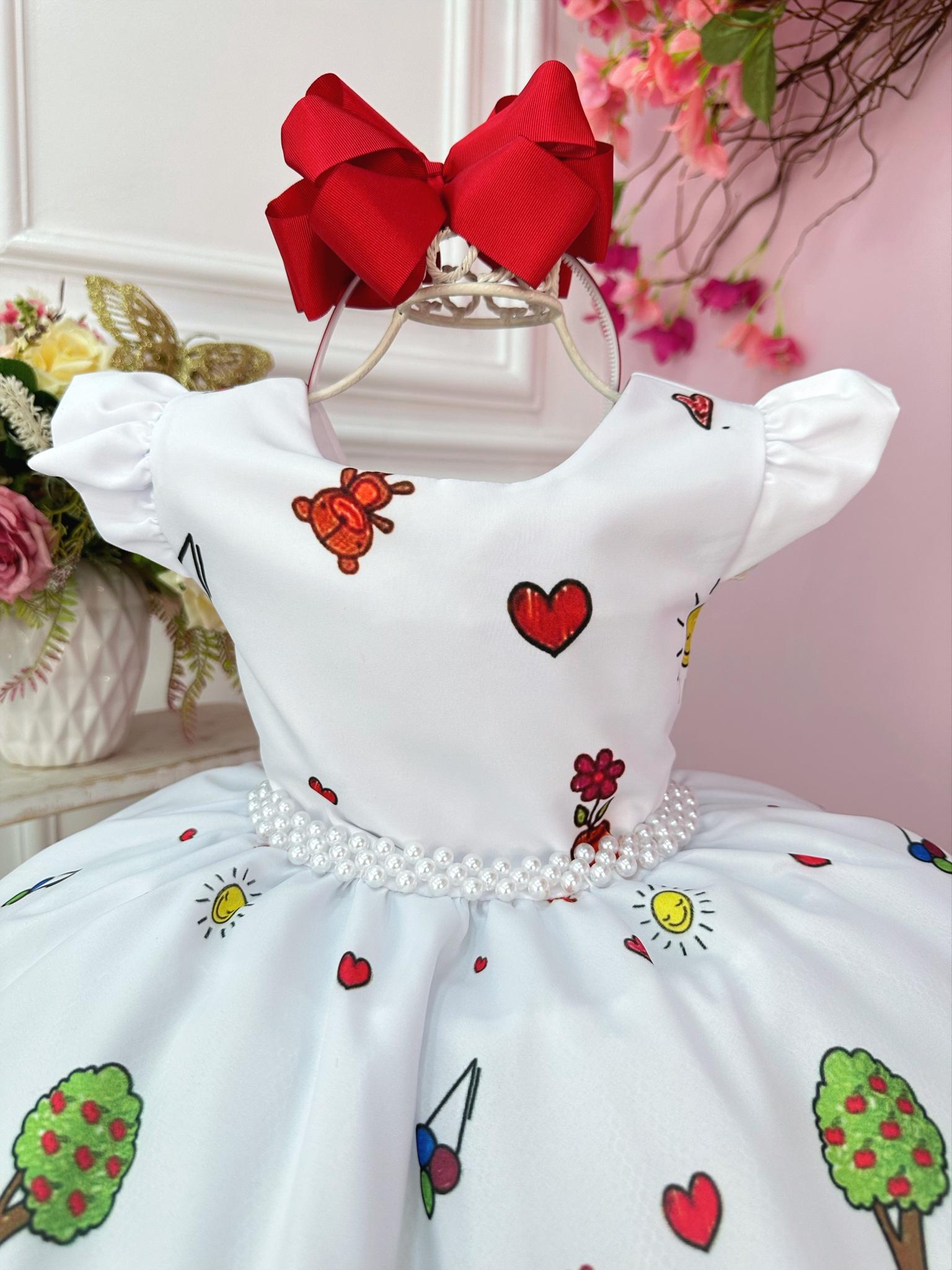 Vestido Infantil Branco Aquarela Com Cinto de Pérolas Luxo