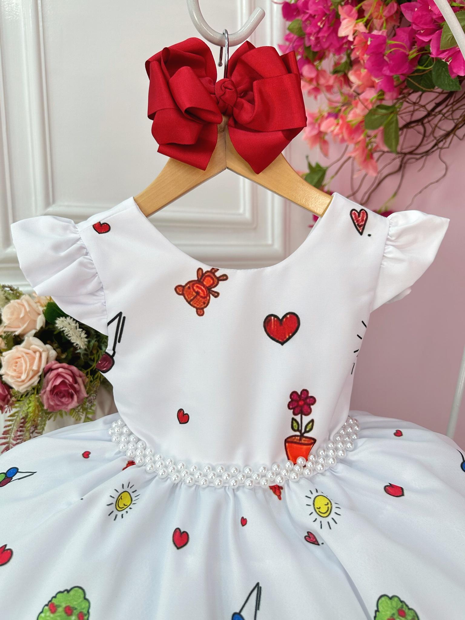 Vestido Infantil Branco Aquarela Com Cinto de Pérolas Luxo