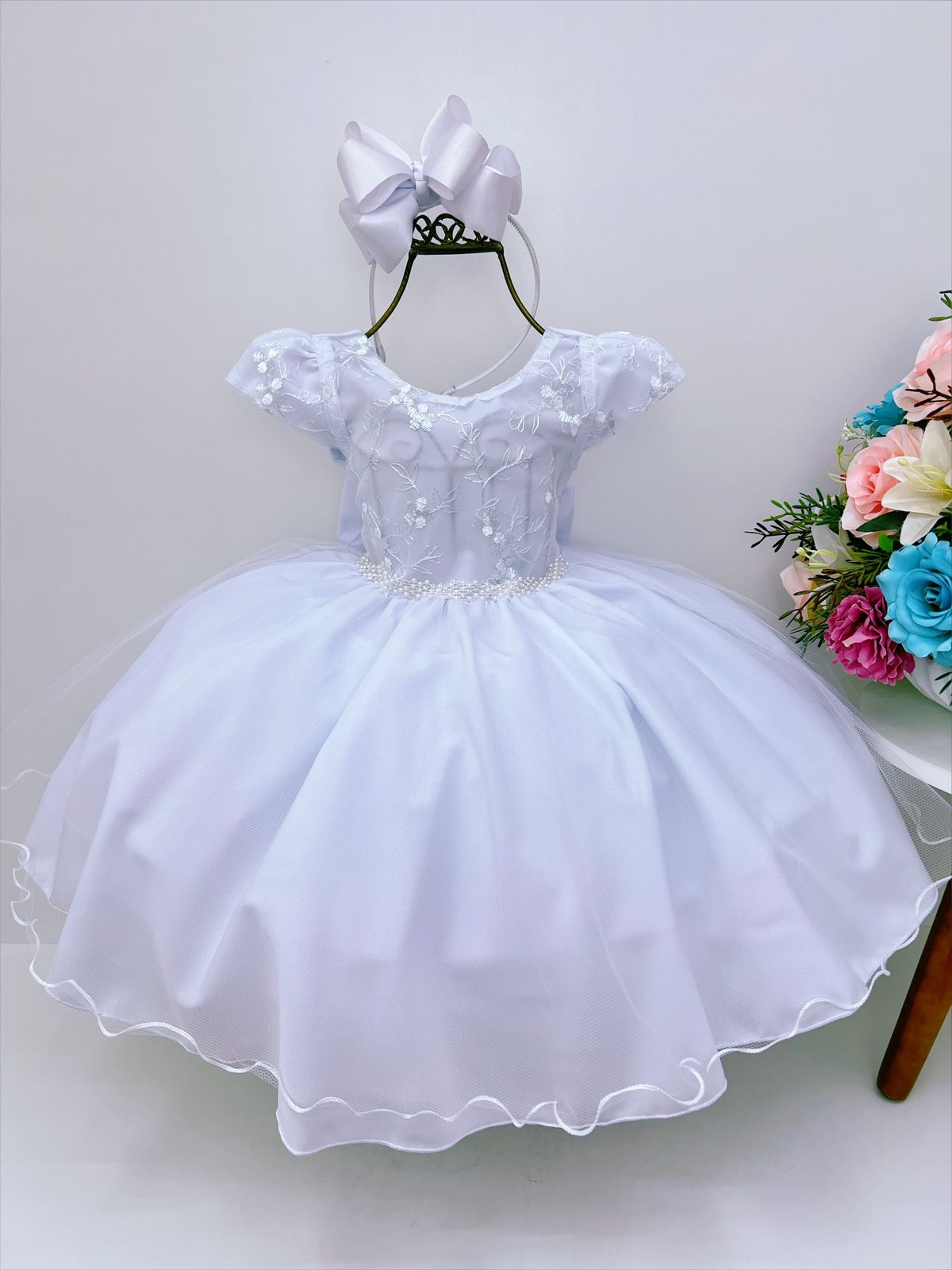 Vestido Infantil Branco e Renda C/ Pérolas Strass Luxo