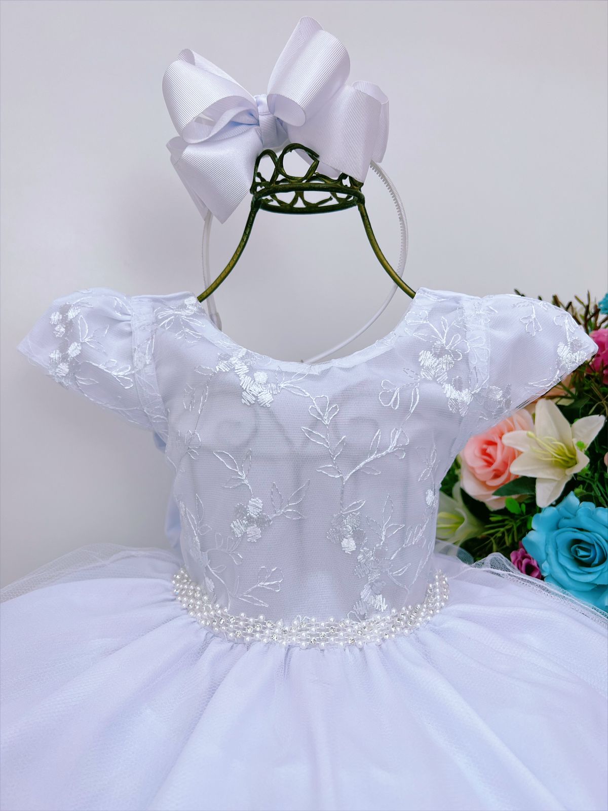 Vestido Infantil Branco e Renda C/ Pérolas Strass Luxo