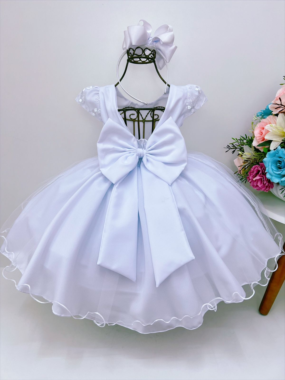 Vestido Infantil Branco e Renda C/ Pérolas Strass Luxo