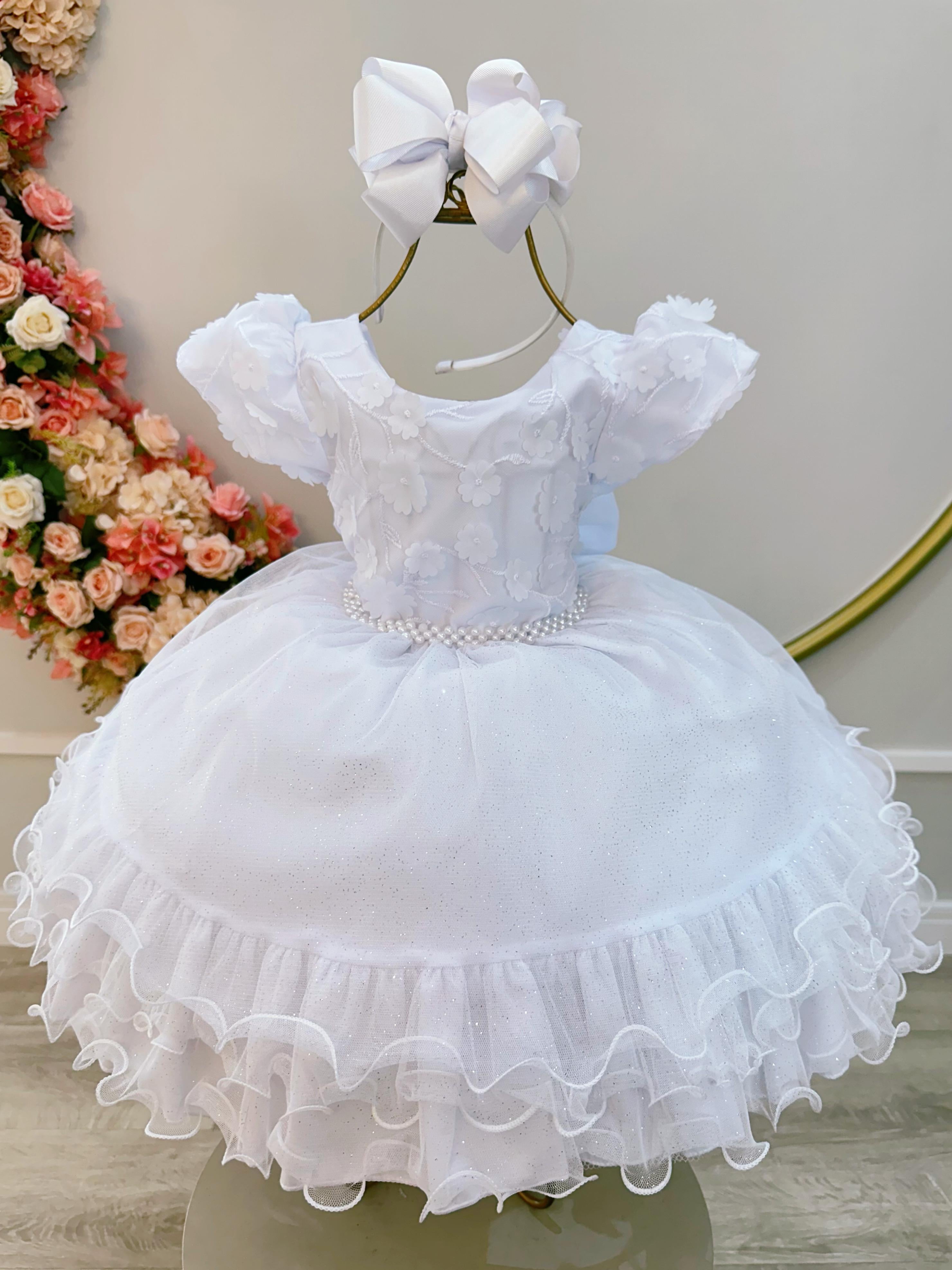 Vestido Infantil Branco Luxo C/ Renda e Aplique de Flores