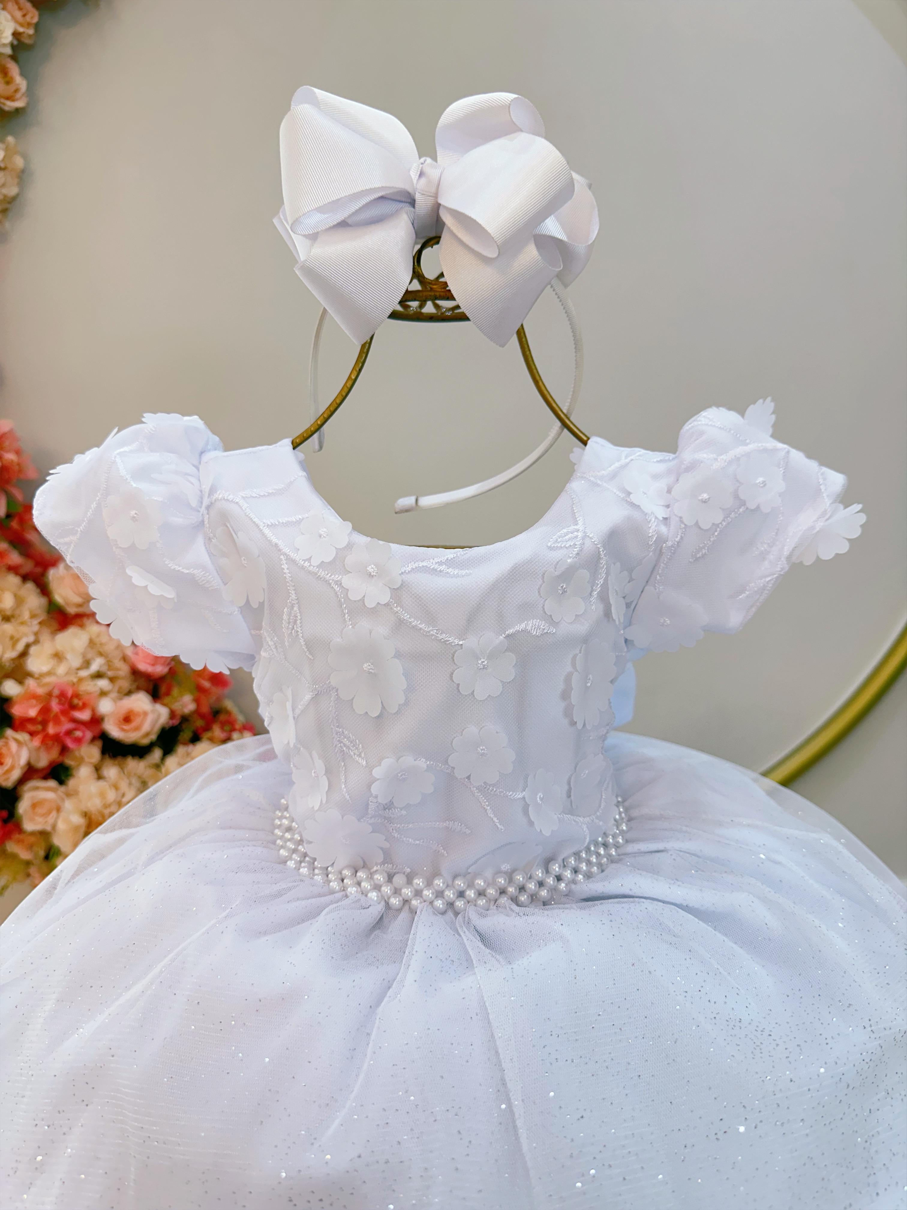 Vestido Infantil Branco Luxo C/ Renda e Aplique de Flores