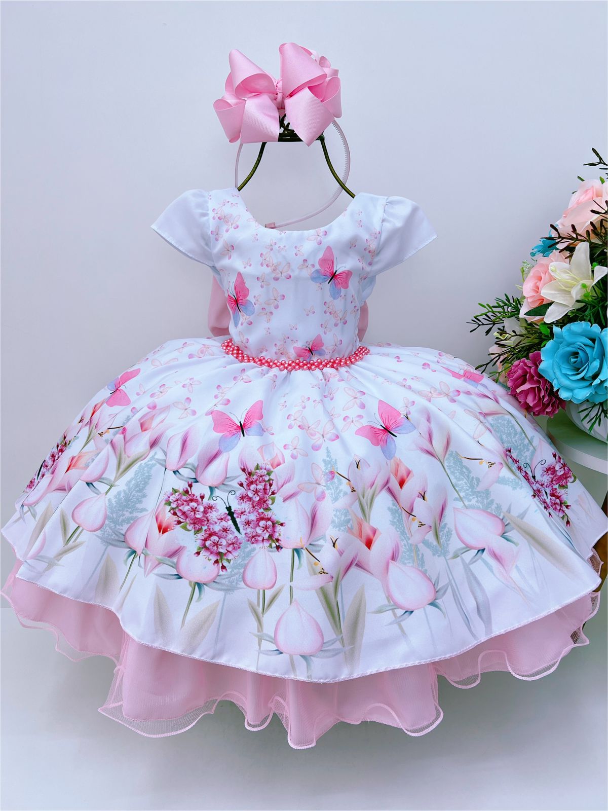 Vestido Infantil Branco Luxo Jardim das Borboletas e Pérolas