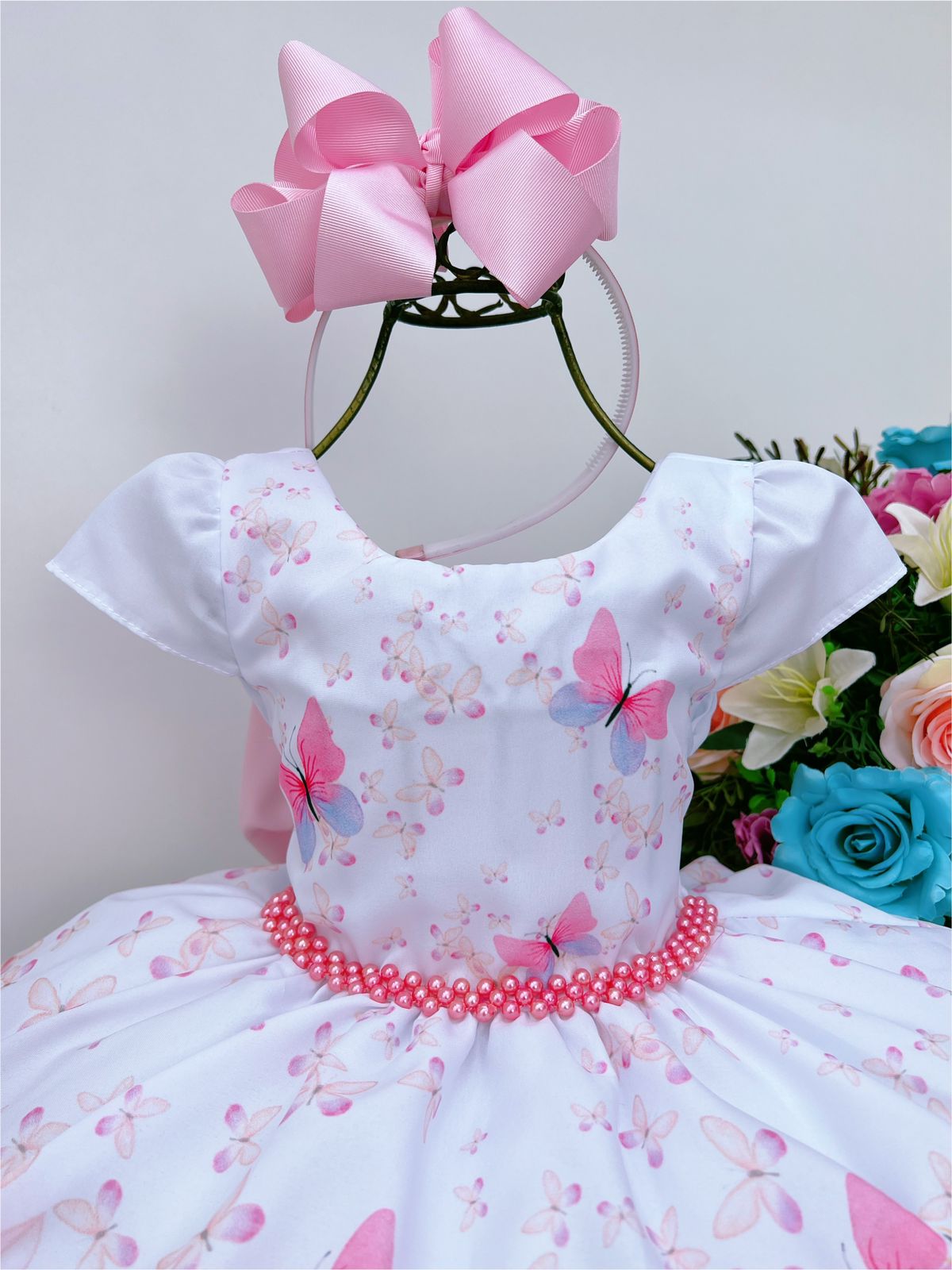 Vestido Infantil Branco Luxo Jardim das Borboletas e Pérolas