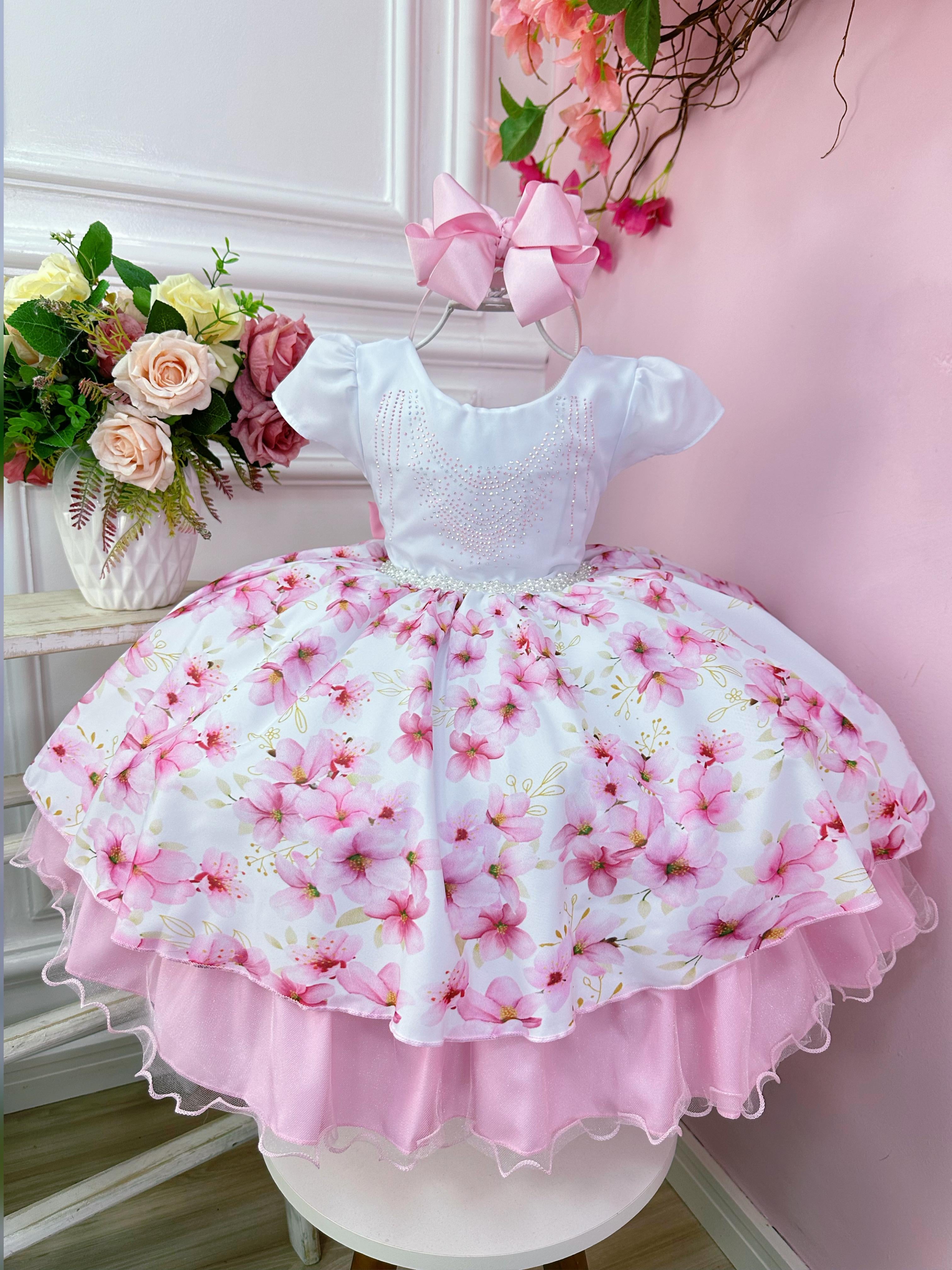 Vestido Infantil Branco Saia Florida Peito Strass C/ Pérolas