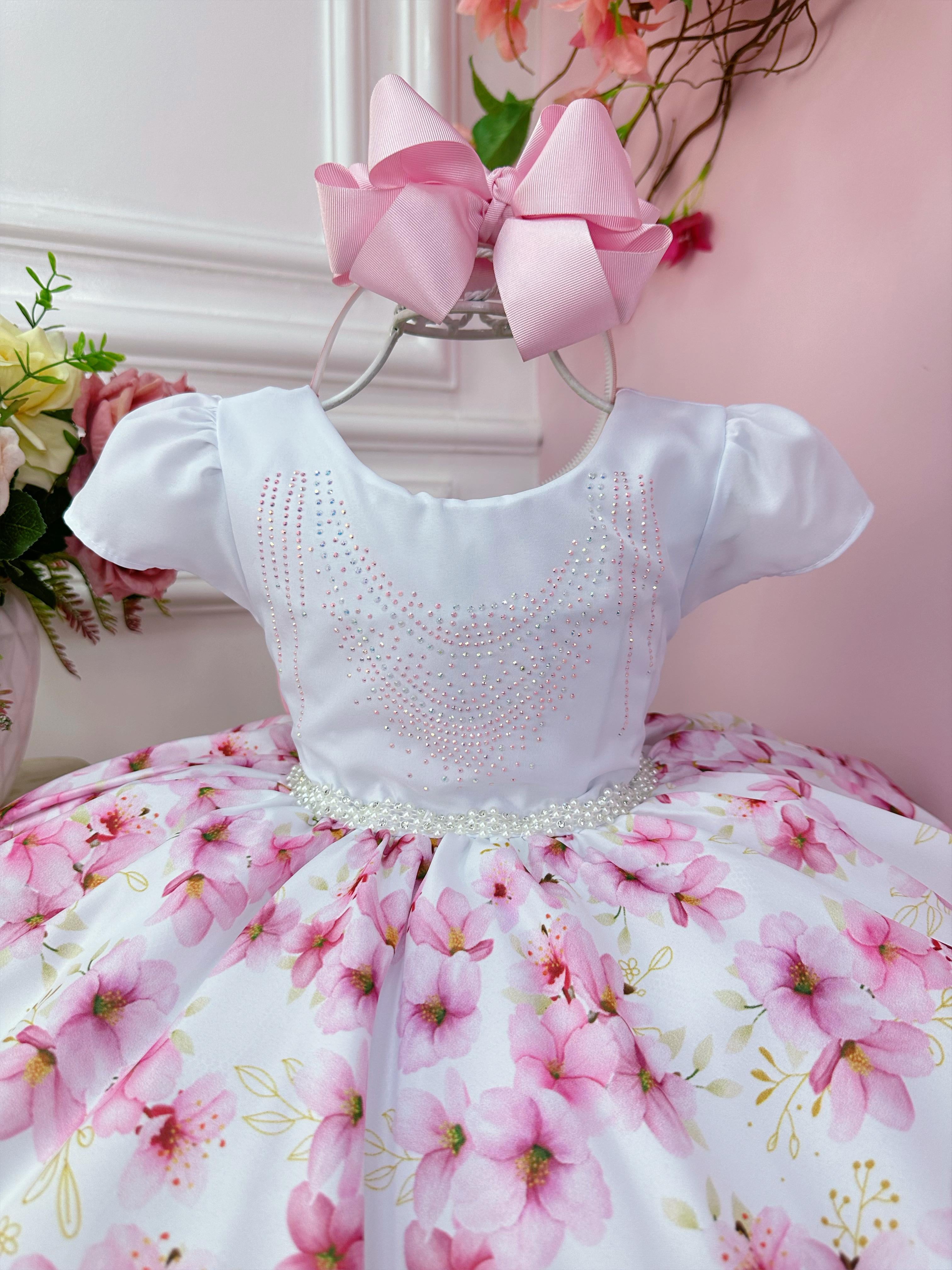 Vestido Infantil Branco Saia Florida Peito Strass C/ Pérolas