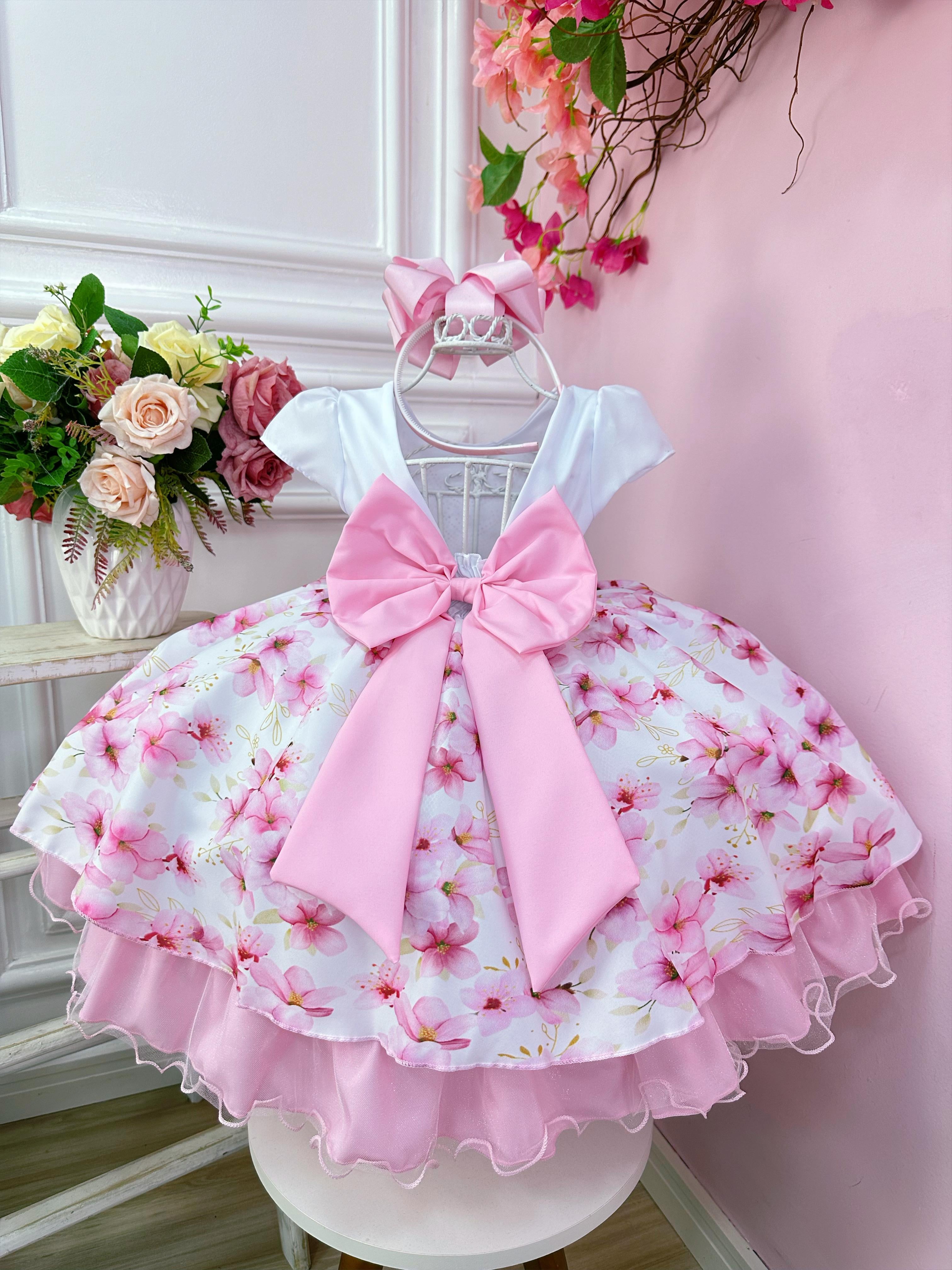 Vestido Infantil Branco Saia Florida Peito Strass C/ Pérolas
