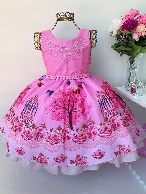 Vestido Infantil Jardim das Borboletas Rosa Luxo Festas