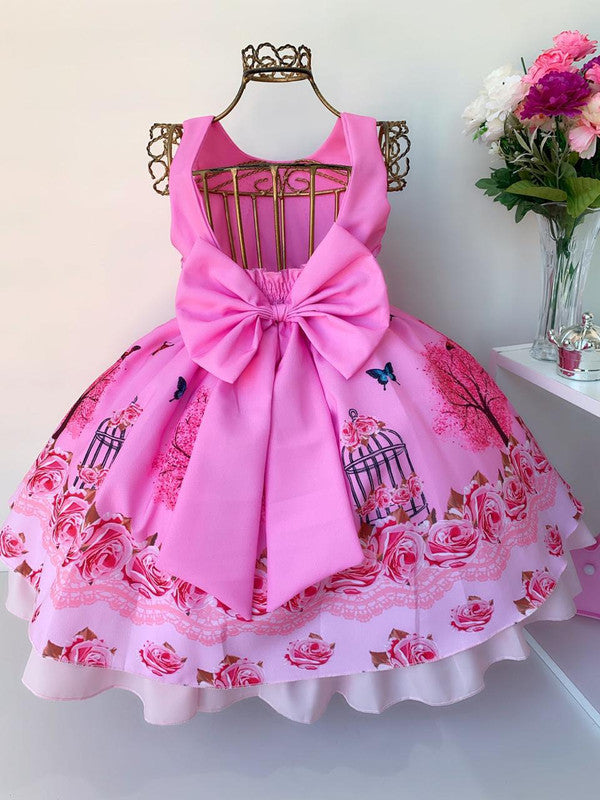Vestido Infantil Jardim das Borboletas Rosa Luxo Festas