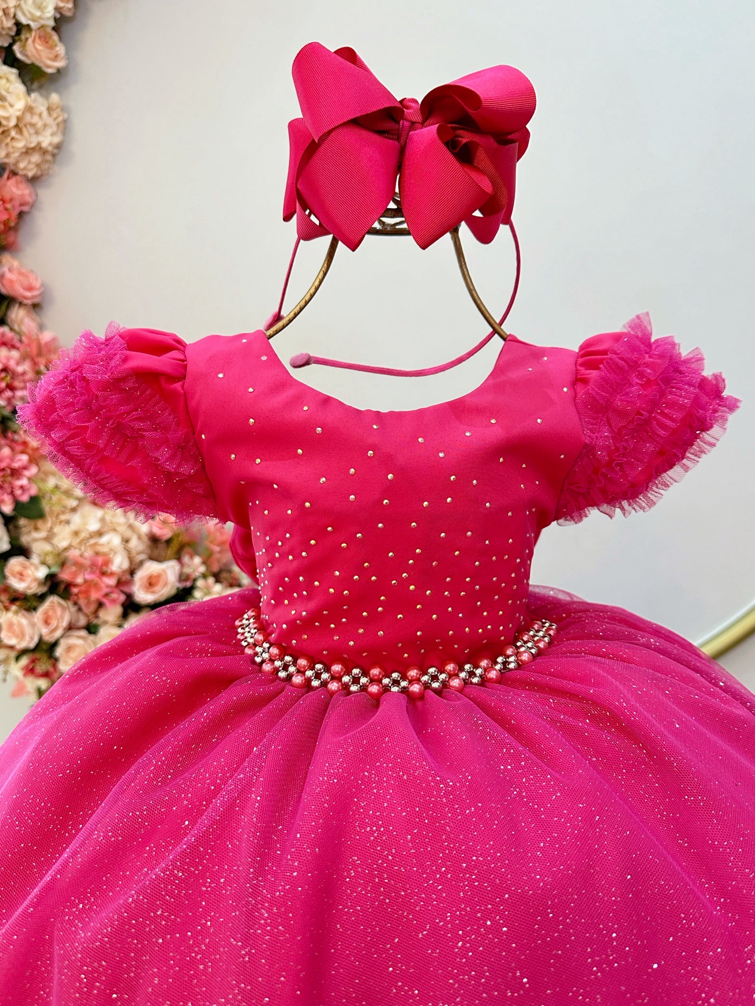 Vestido Infantil Pink C/ Busto Strass Saia Babados Glitter