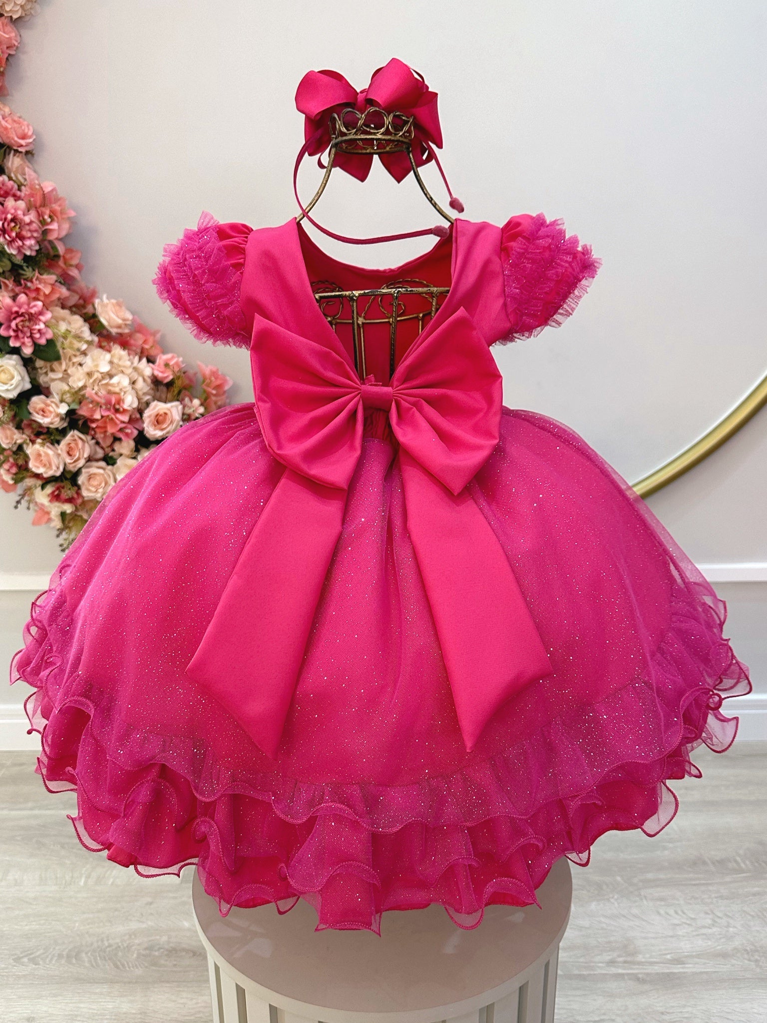 Vestido Infantil Pink C/ Busto Strass Saia Babados Glitter