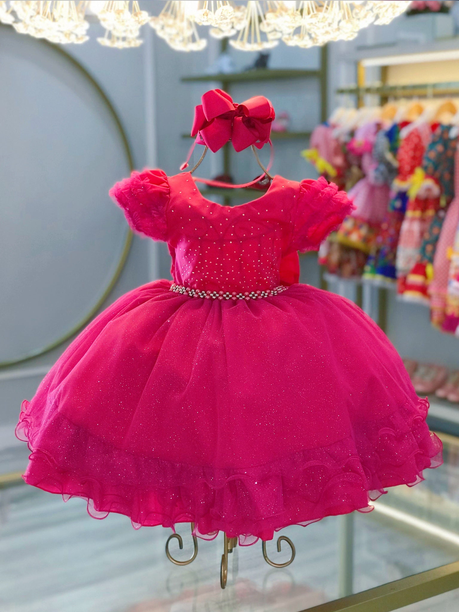 Vestido Infantil Pink C/ Busto Strass Saia Babados Glitter