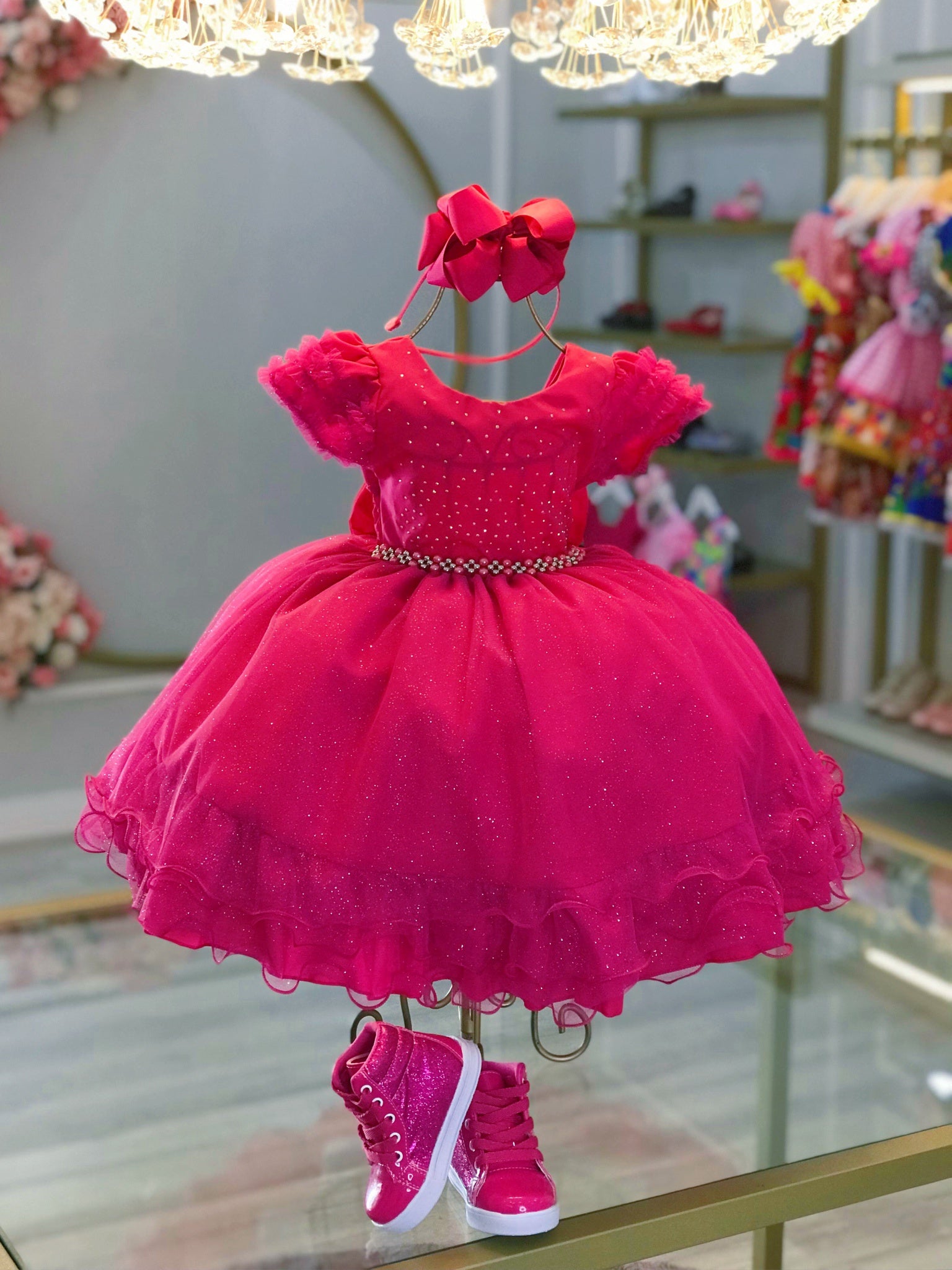 Vestido Infantil Pink C/ Busto Strass Saia Babados Glitter