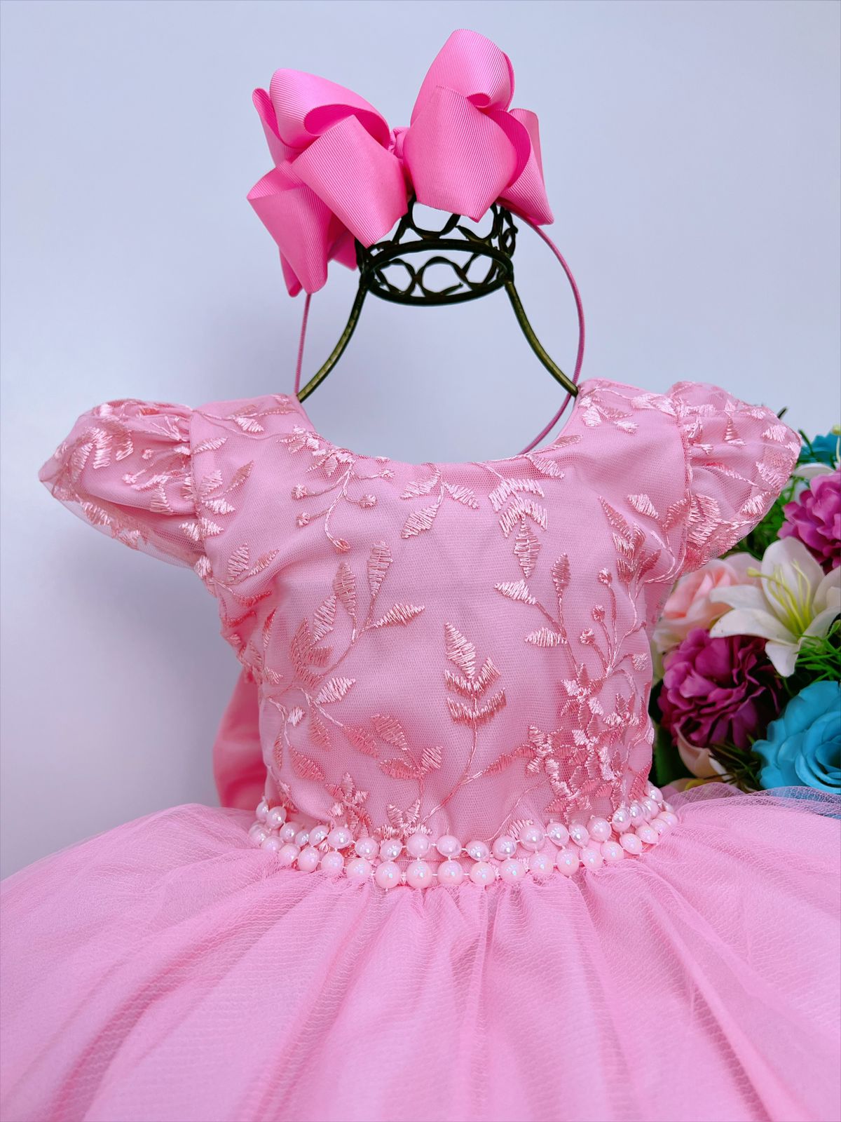 Vestido Infantil Rosa C/ Renda e Borboletas e Pérolas Luxo