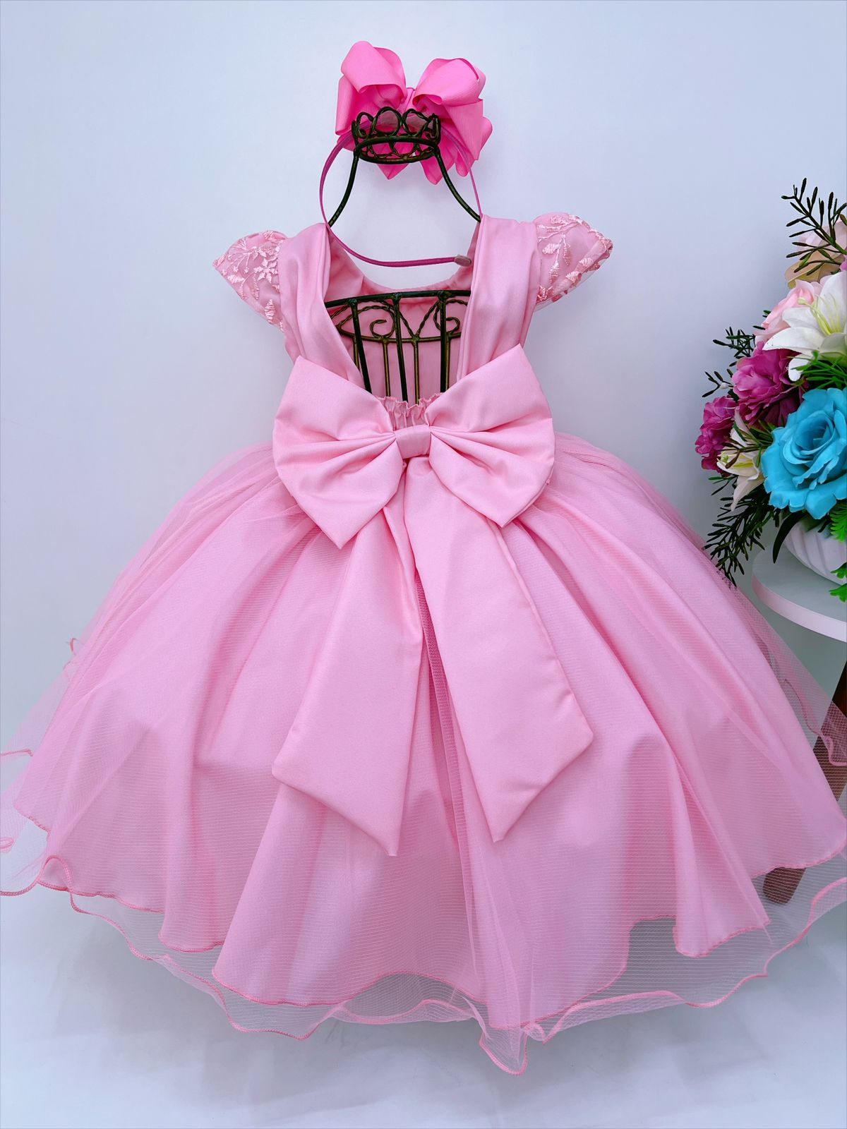 Vestido Infantil Rosa C/ Renda e Borboletas e Pérolas Luxo