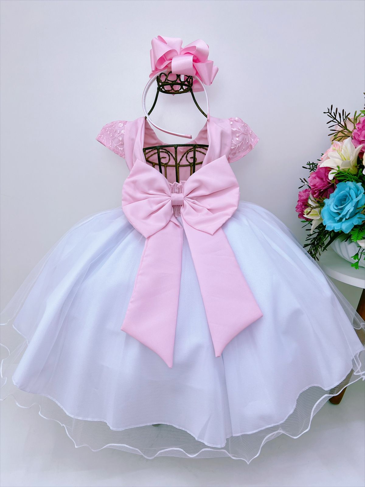 Vestido Infantil Rosa C/ Renda e Saia Branca Cinto Pérolas