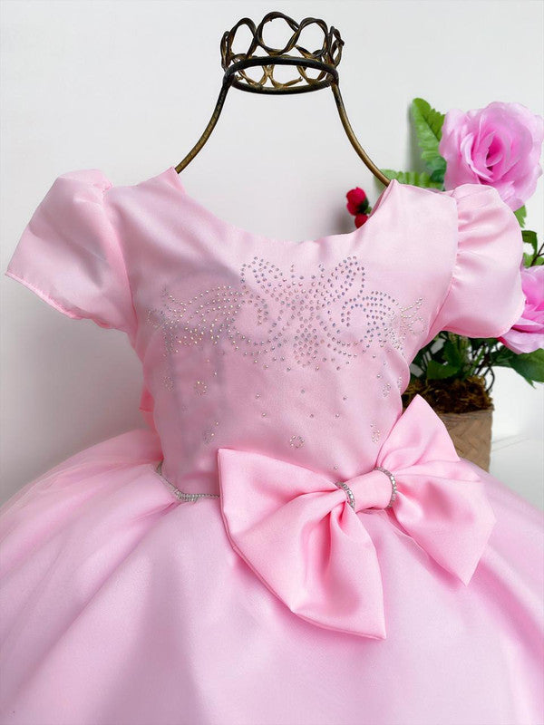 Vestido Infantil Rosa Princesas Luxo Strass e Babados